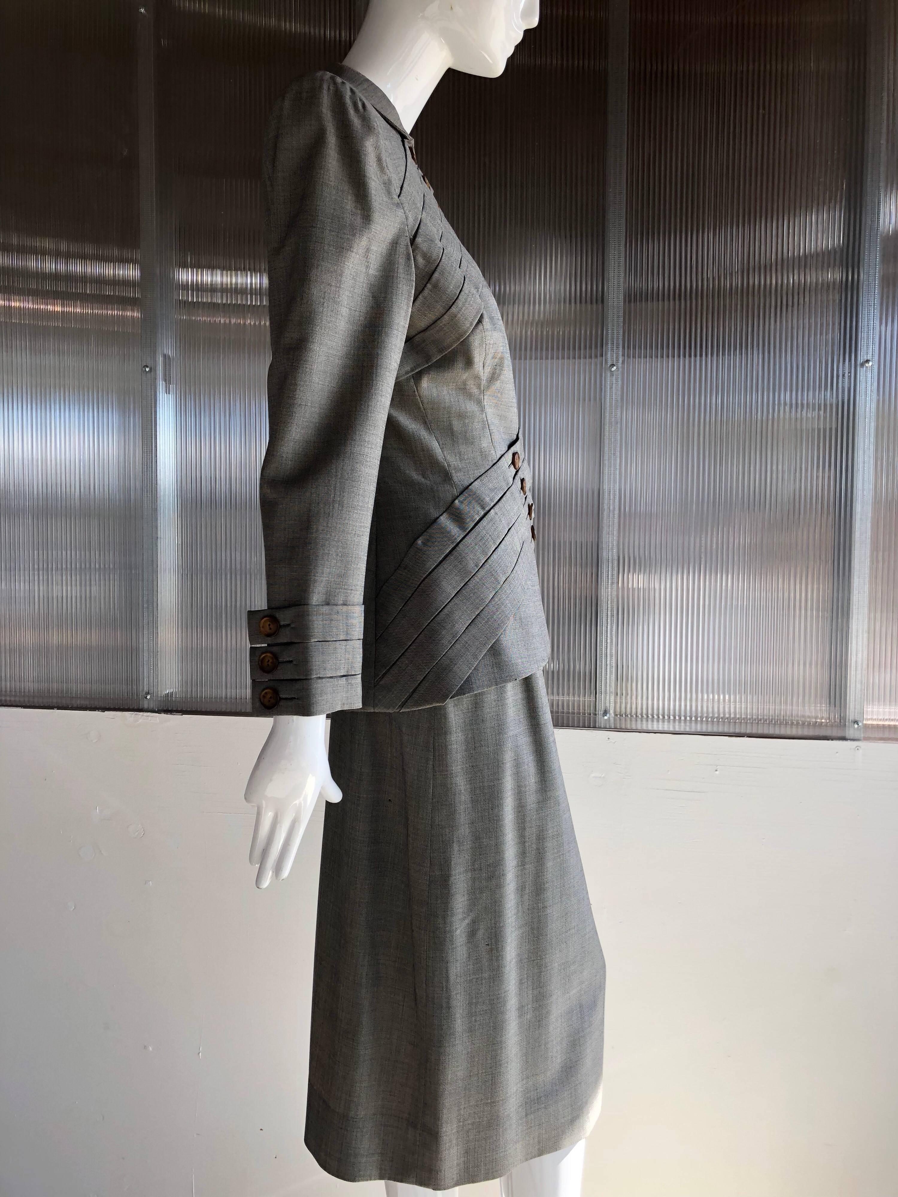 Women's Gilbert Adrian Grey Wool Skirt Suit With Curve Hugging Straps, 1940s 