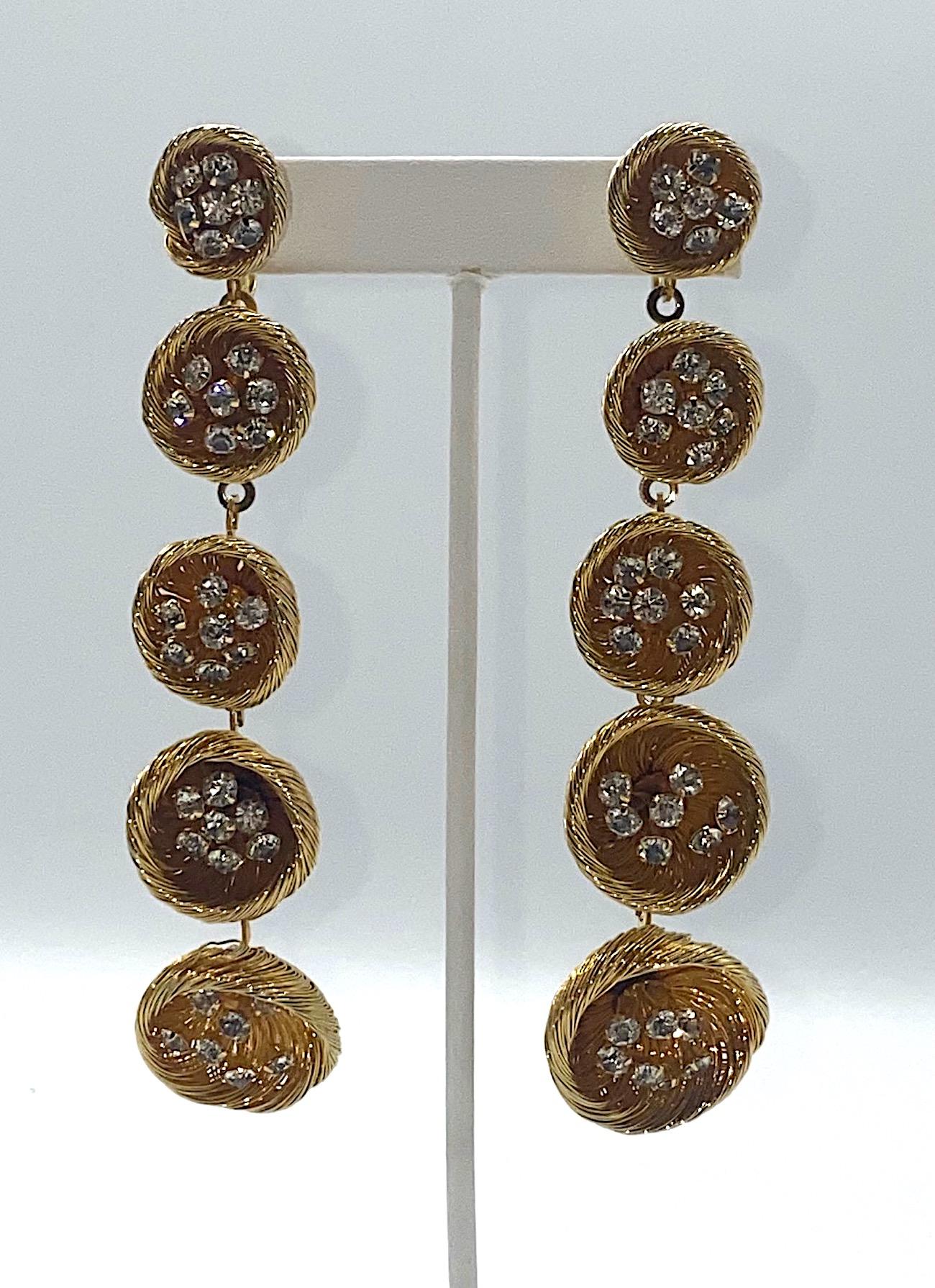 Spectacular 1960S Gold and Rhinestone Mod Long Earrings 2