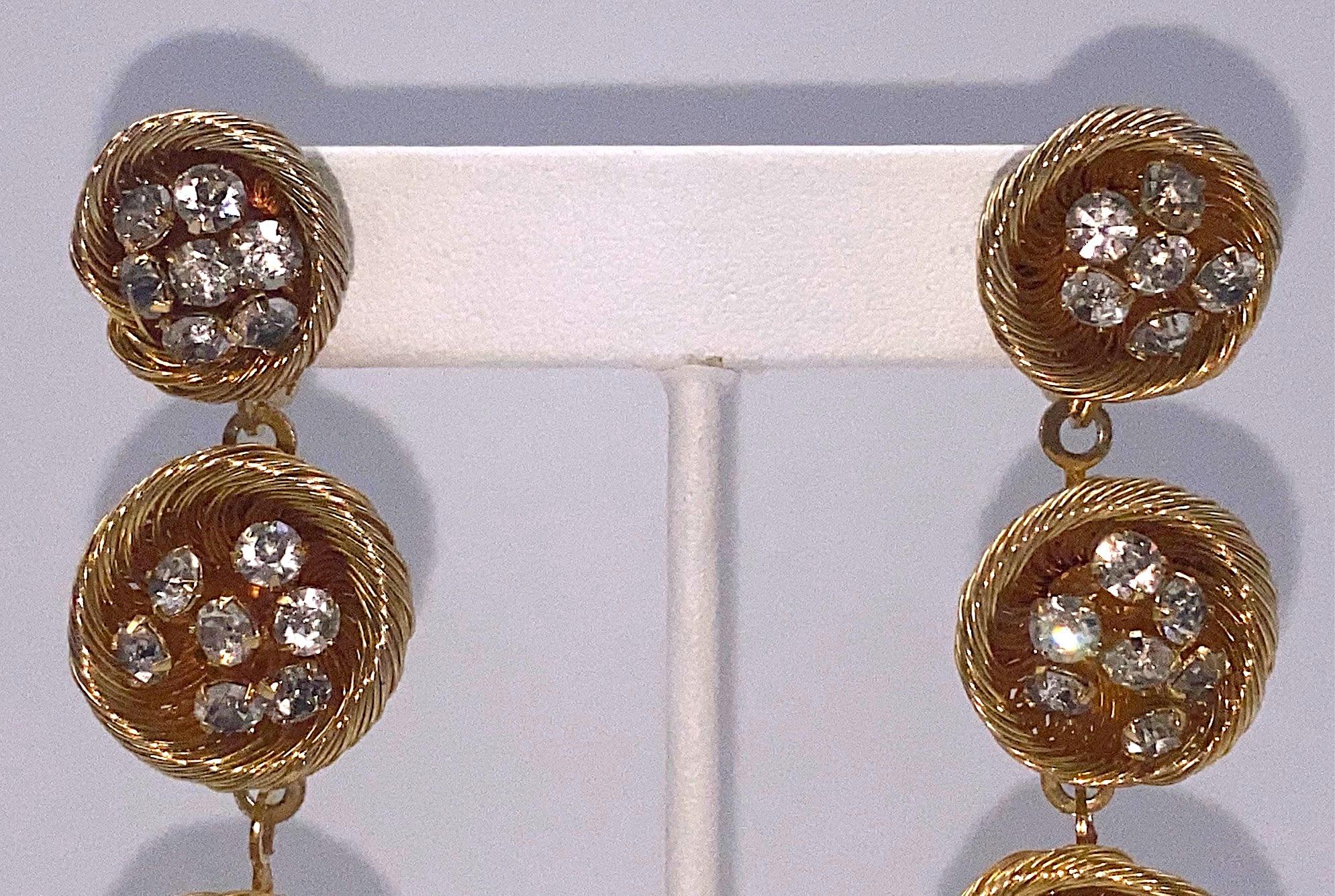 Spectacular 1960S Gold and Rhinestone Mod Long Earrings 4