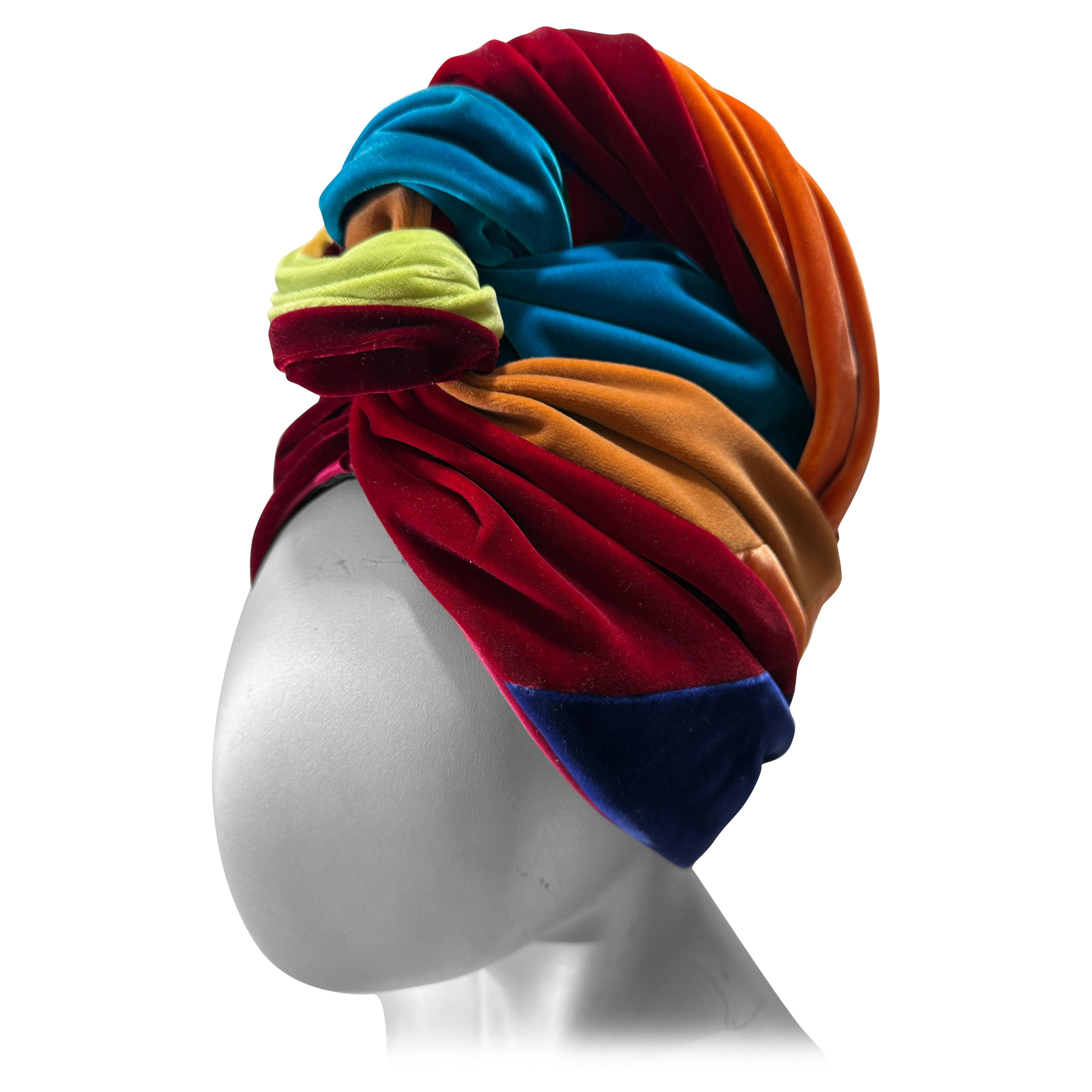Spectacular 1960s Lilly Dache Multicolor Silk Velvet High-Rise Knotted Turban