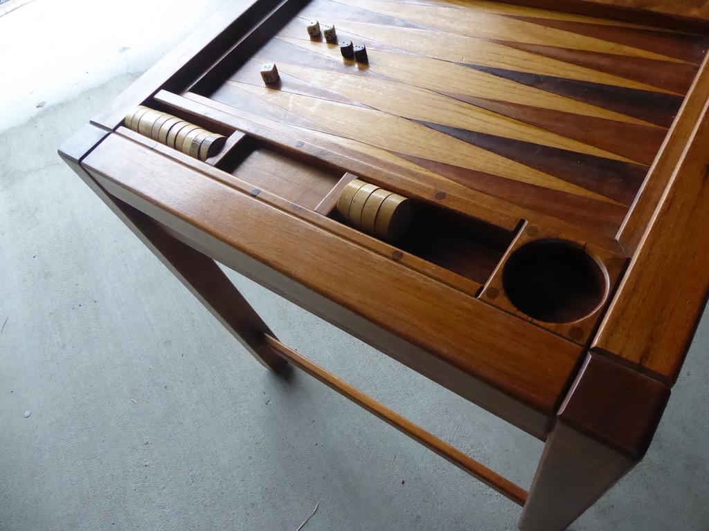 Oak Spectacular 1970s Artisan-Made Backgammon Table with Checkers