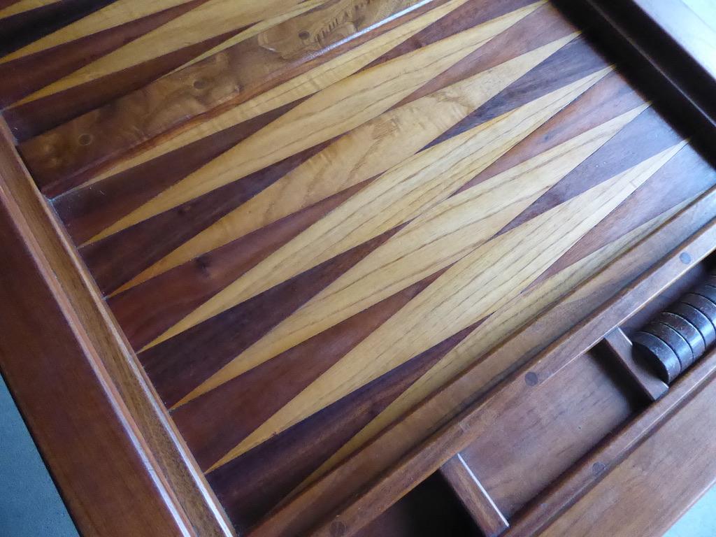 Spectacular 1970s Artisan-Made Backgammon Table with Checkers 1