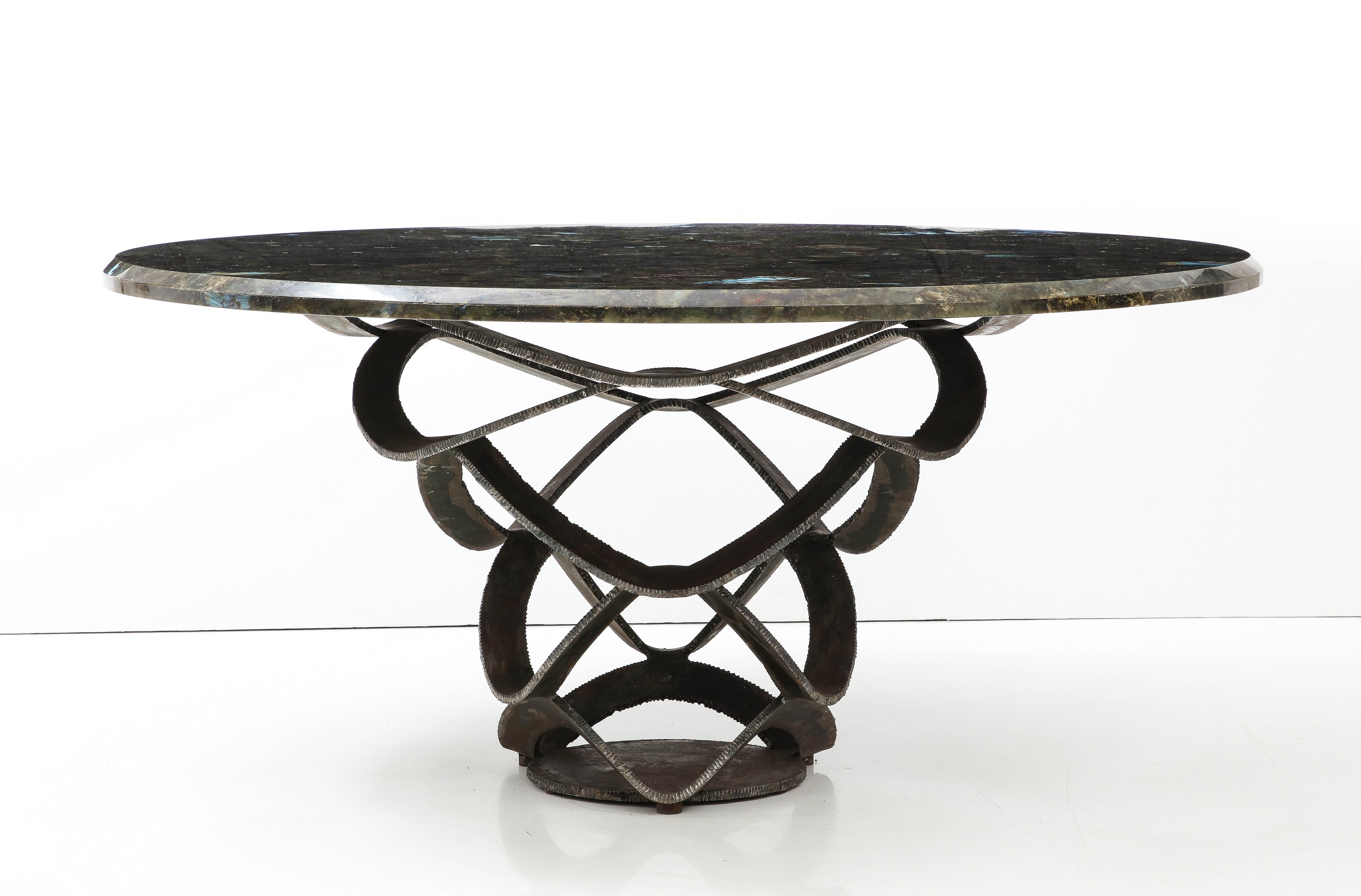 Late 20th Century Spectacular 1970's Mid Century Modern Forged Steel and Labradorite Stone Table For Sale