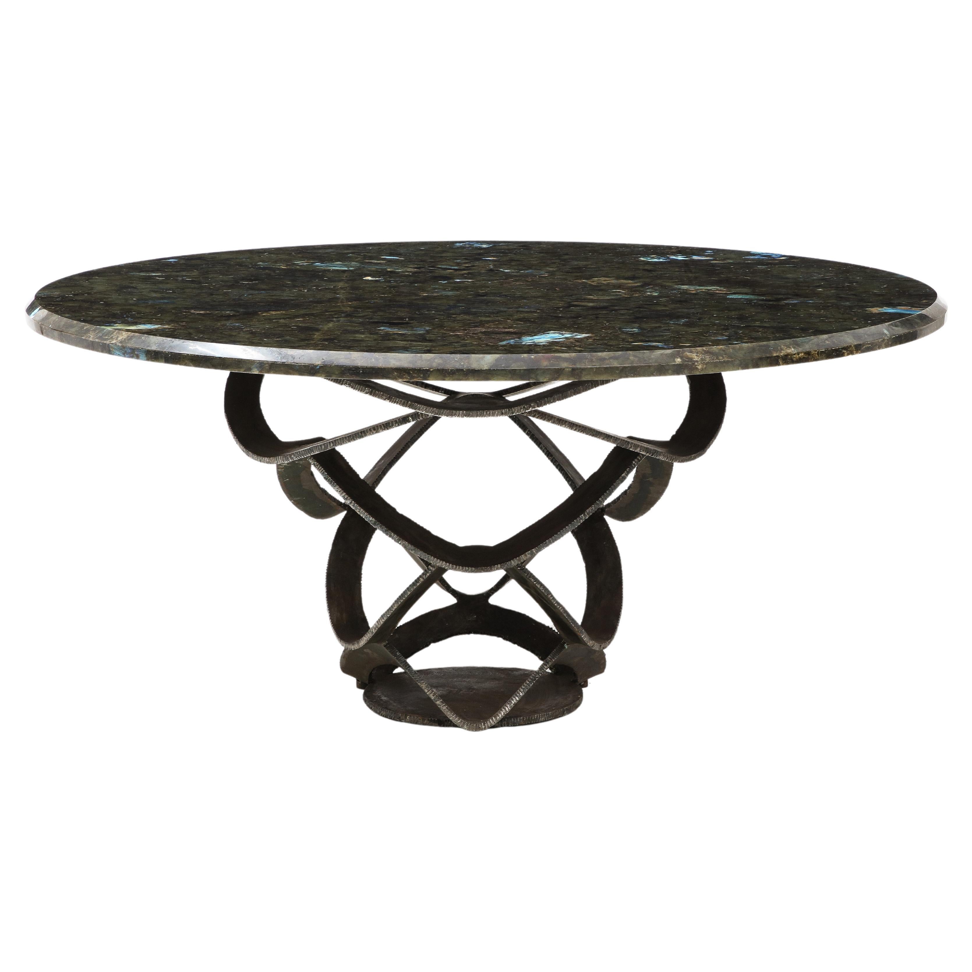 Spectacular 1970's Mid Century Modern Forged Steel and Labradorite Stone Table For Sale