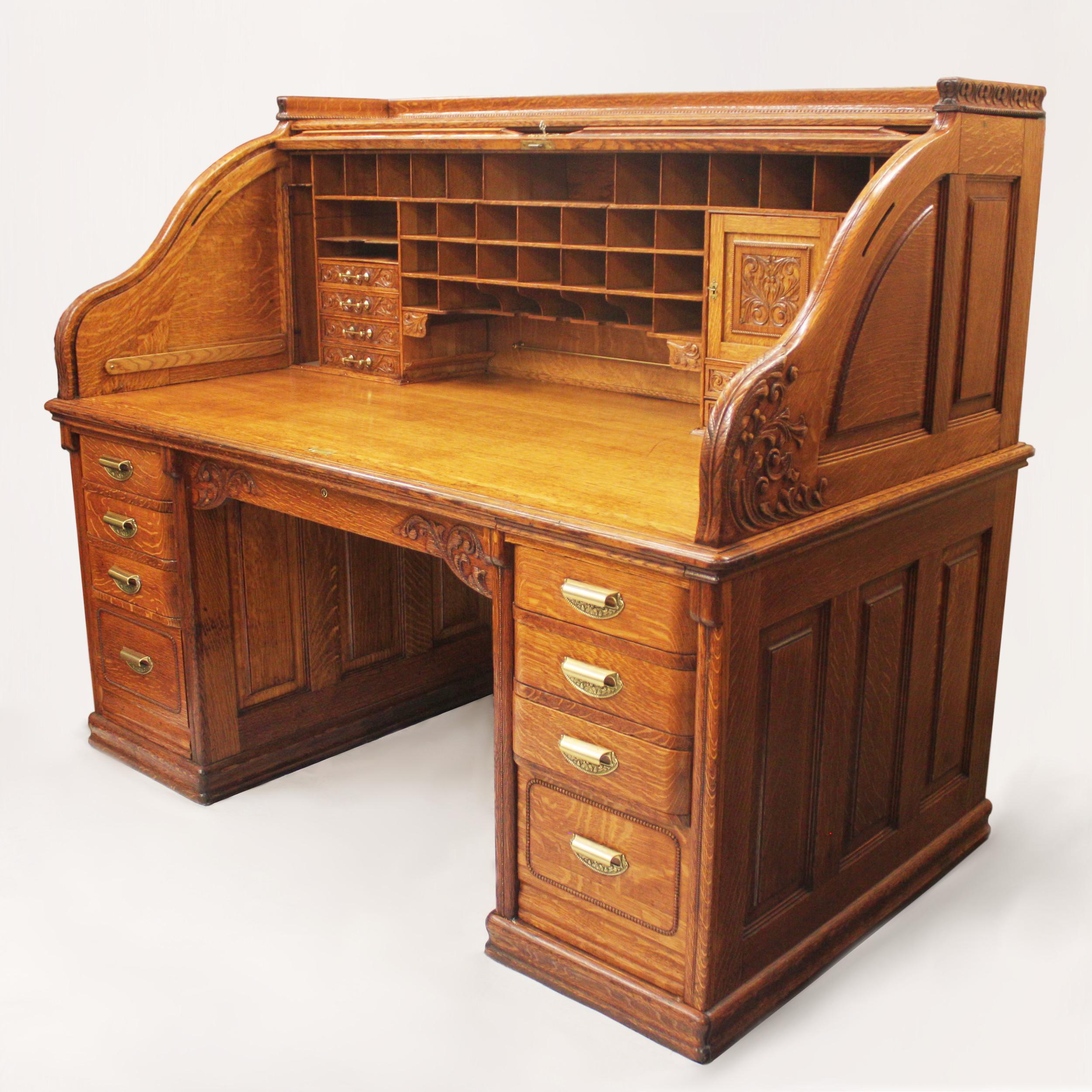 This phenomenal roll top desk was made by the A. Petersen & Co. of Chicago, IL some time in the early to mid-1890s. We discovered this desk in the maintenance room of the historic Humphrey Scottish Rite Center in downtown Milwaukee, WI, in need of