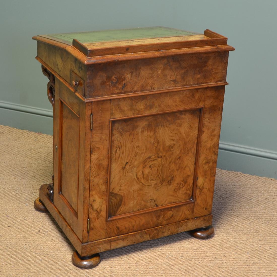Spectacular quality Victorian figured walnut antique Davenport

This spectacular Davenport circa 1860 has a moulded fall front with green tooled leather writing insert, the interior is in a striking birch with three small mahogany lined drawers