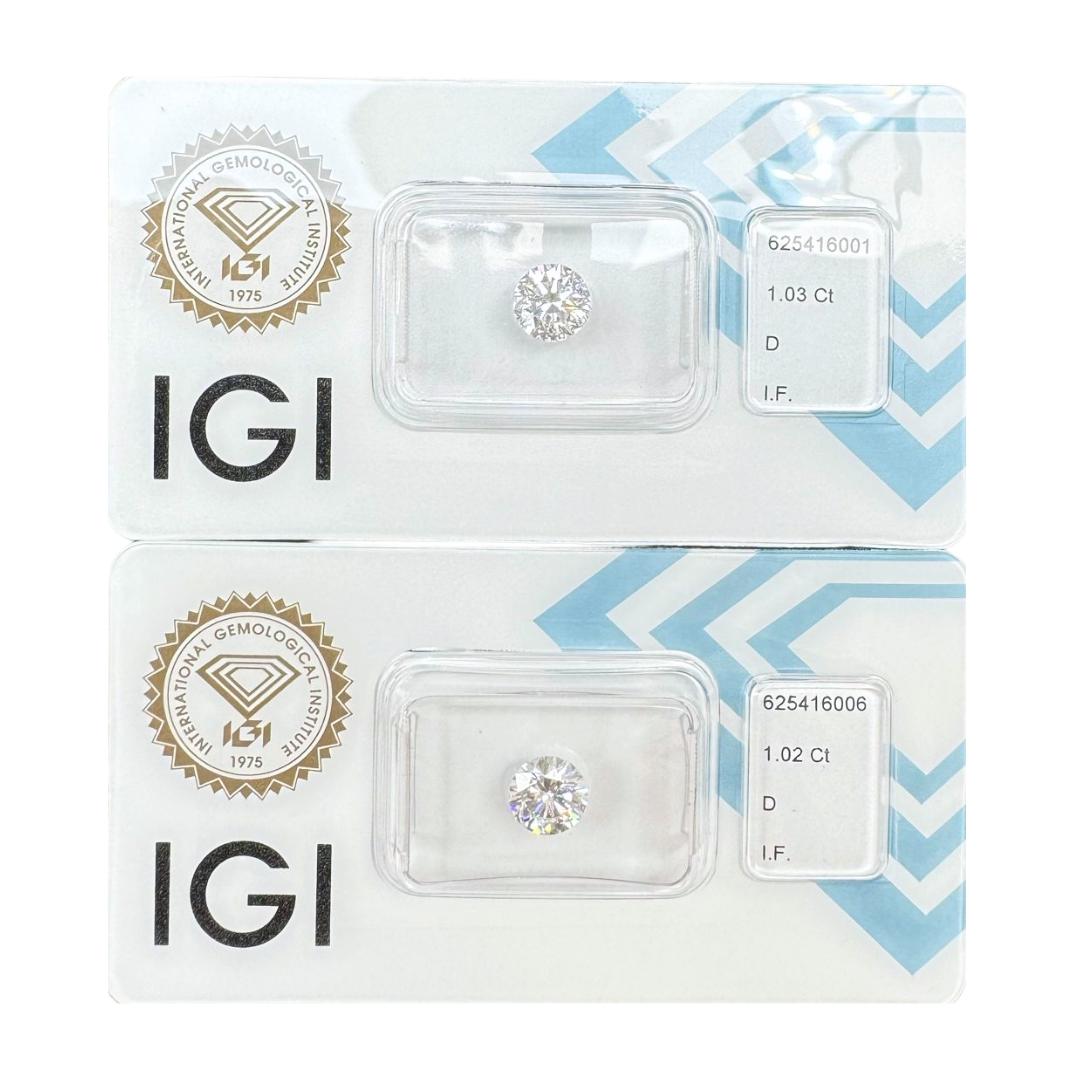 Spektakuläre 2,05ct Ideal Cut Paar von Top-Qualität und geschnitten Diamanten - IGI zertifiziert

Wir präsentieren ein bemerkenswertes Paar runder Diamanten von insgesamt 2,05 Karat. Diese von der IGI zertifizierten Diamanten stellen den Gipfel der