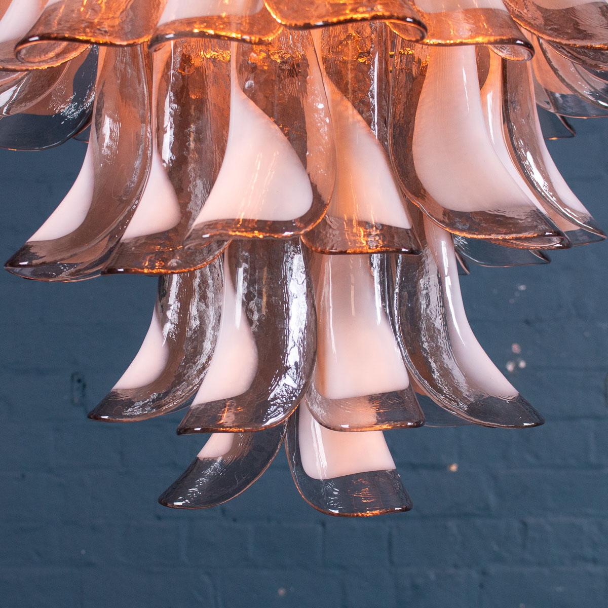 A 7-tier Venetian glass chandelier composed of 121 tulip petal glasses, each component handmade from a fusion of white stained and smoked grey glass, a spectacular addition to any room.