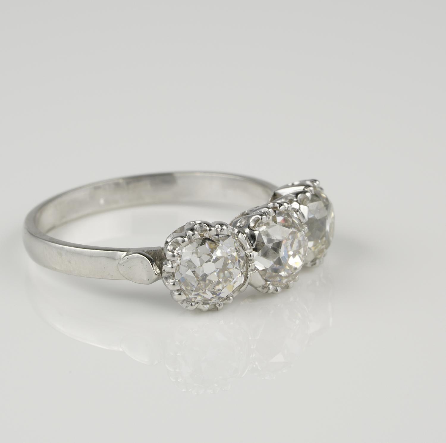 Be Mine!

Sensational Art Deco engagement or anniversary ring from the late 20's
Superbly hand crafted in solid Platinum ring, with a classy Trilogy setting finely presented for a life time statement ring
A trio of antique hand cut old mine Diamonds