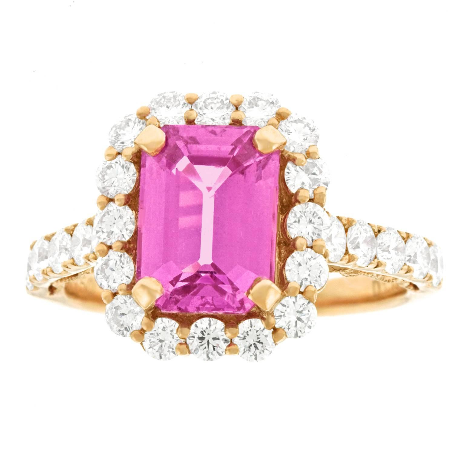Emerald Cut Spectacular 2.94 Carat Pink Sapphire and Diamond Set Gold Ring