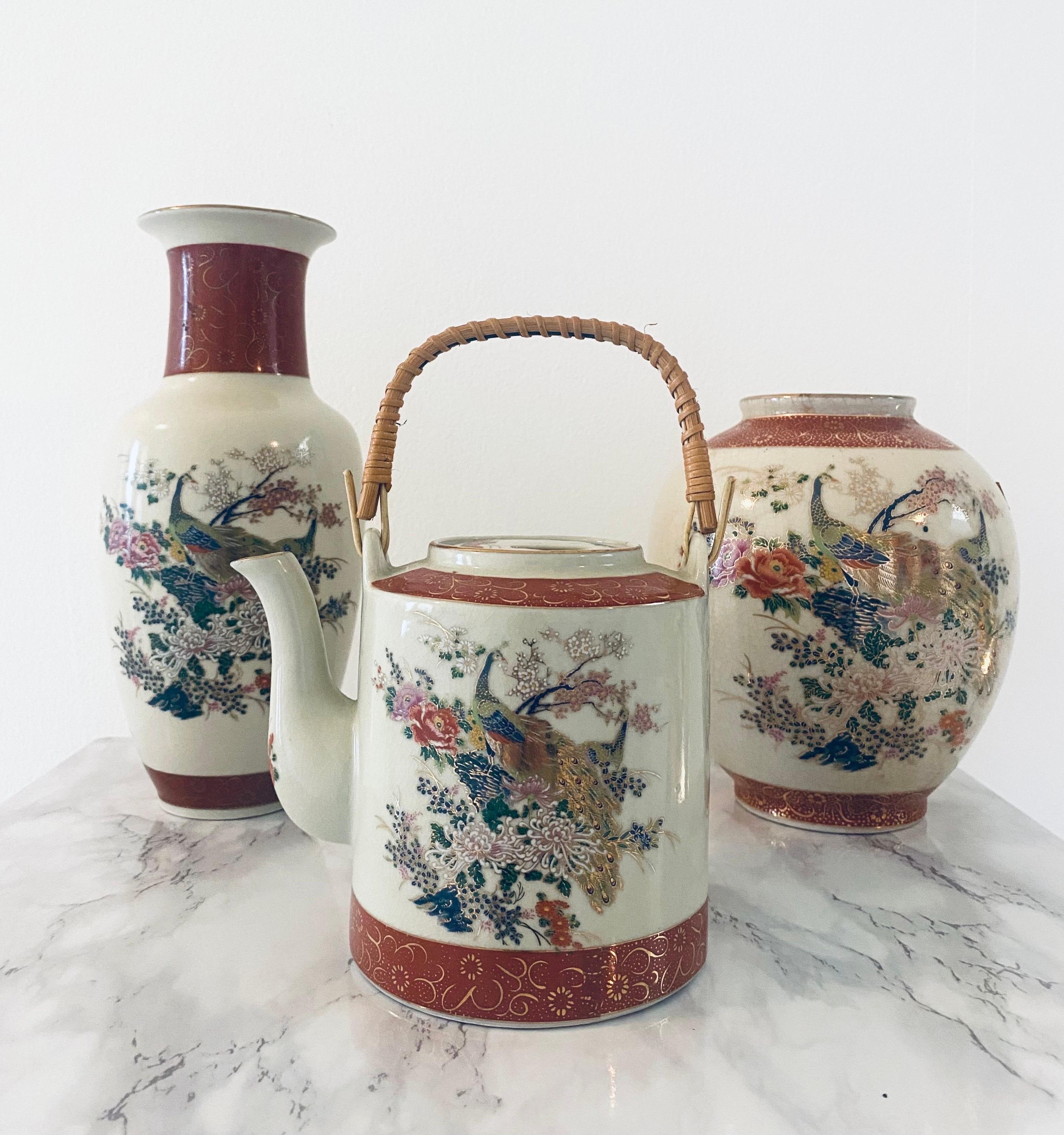 Spectacular 3 Piece Japanese Satsuma Peacock Vases and Tea Pot Set 2