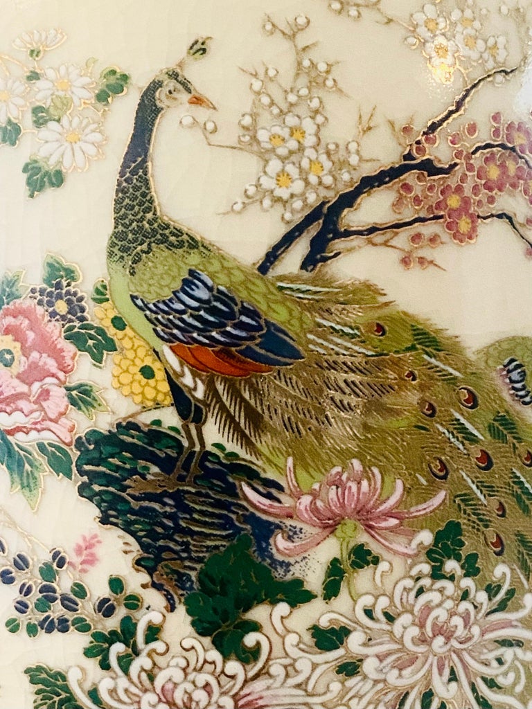 Spectacular 3 Piece Japanese Satsuma Peacock Vases and Tea Pot Set at