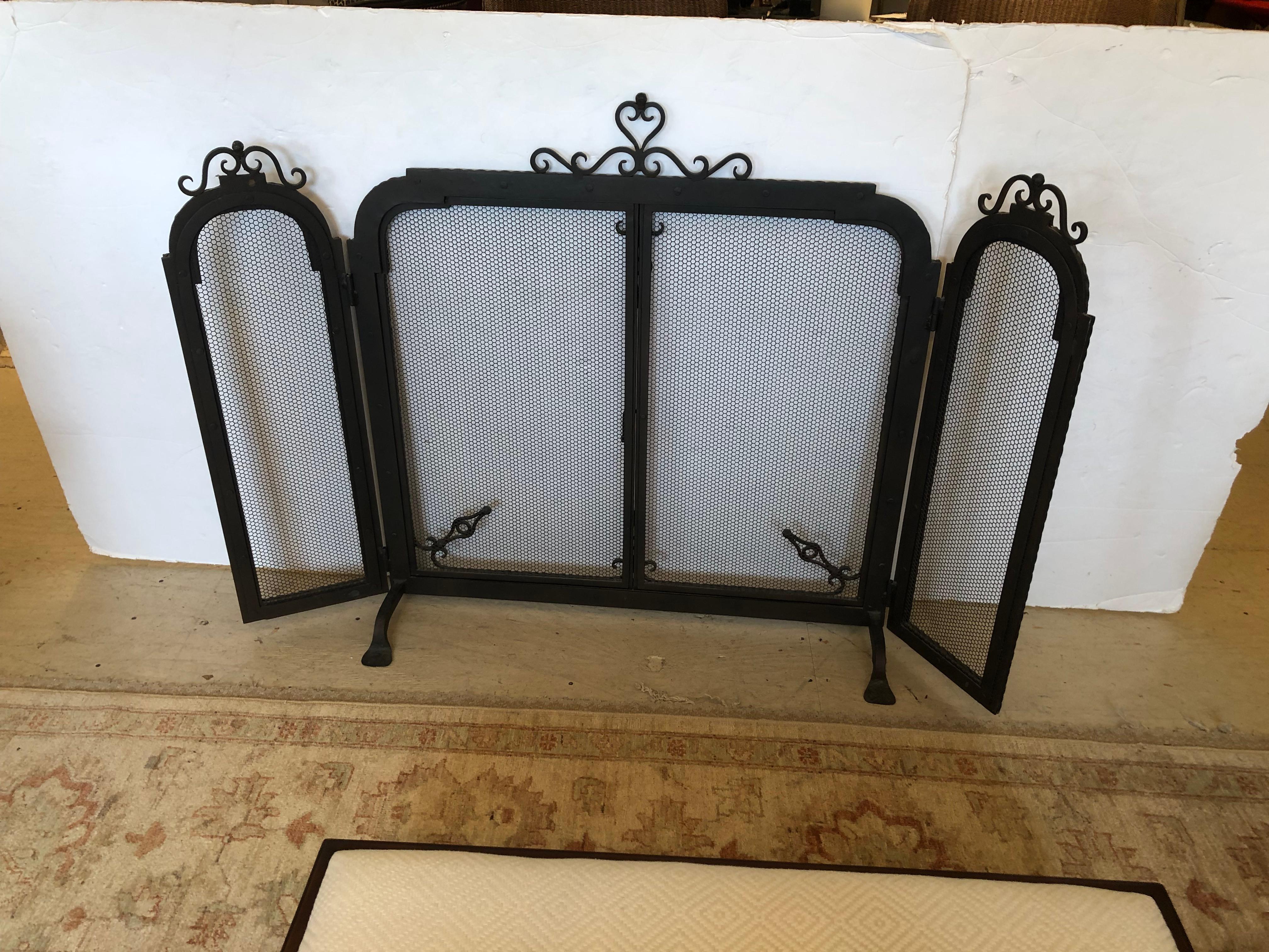 American Spectacular 3 Piece Wrought Iron and Mesh Fireplace Screen with Doors For Sale
