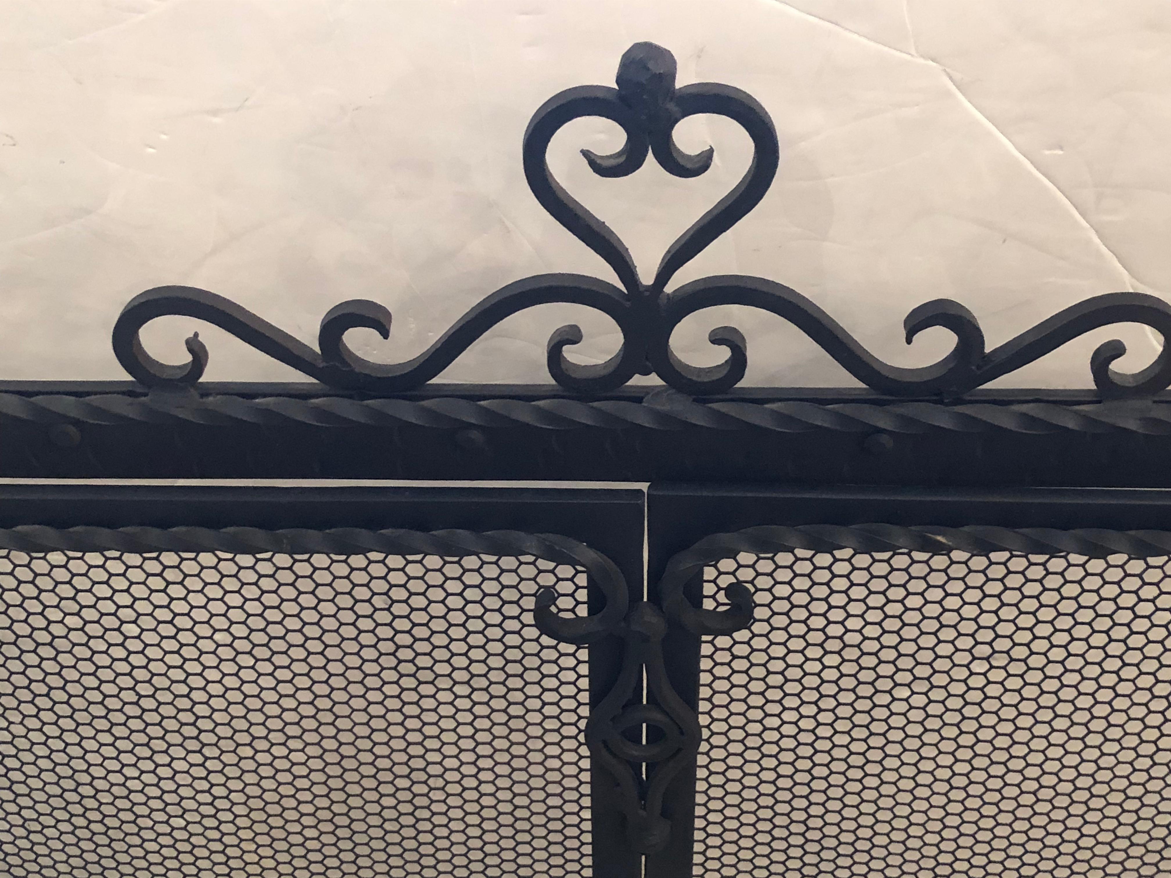 Spectacular 3 Piece Wrought Iron and Mesh Fireplace Screen with Doors In Good Condition For Sale In Hopewell, NJ