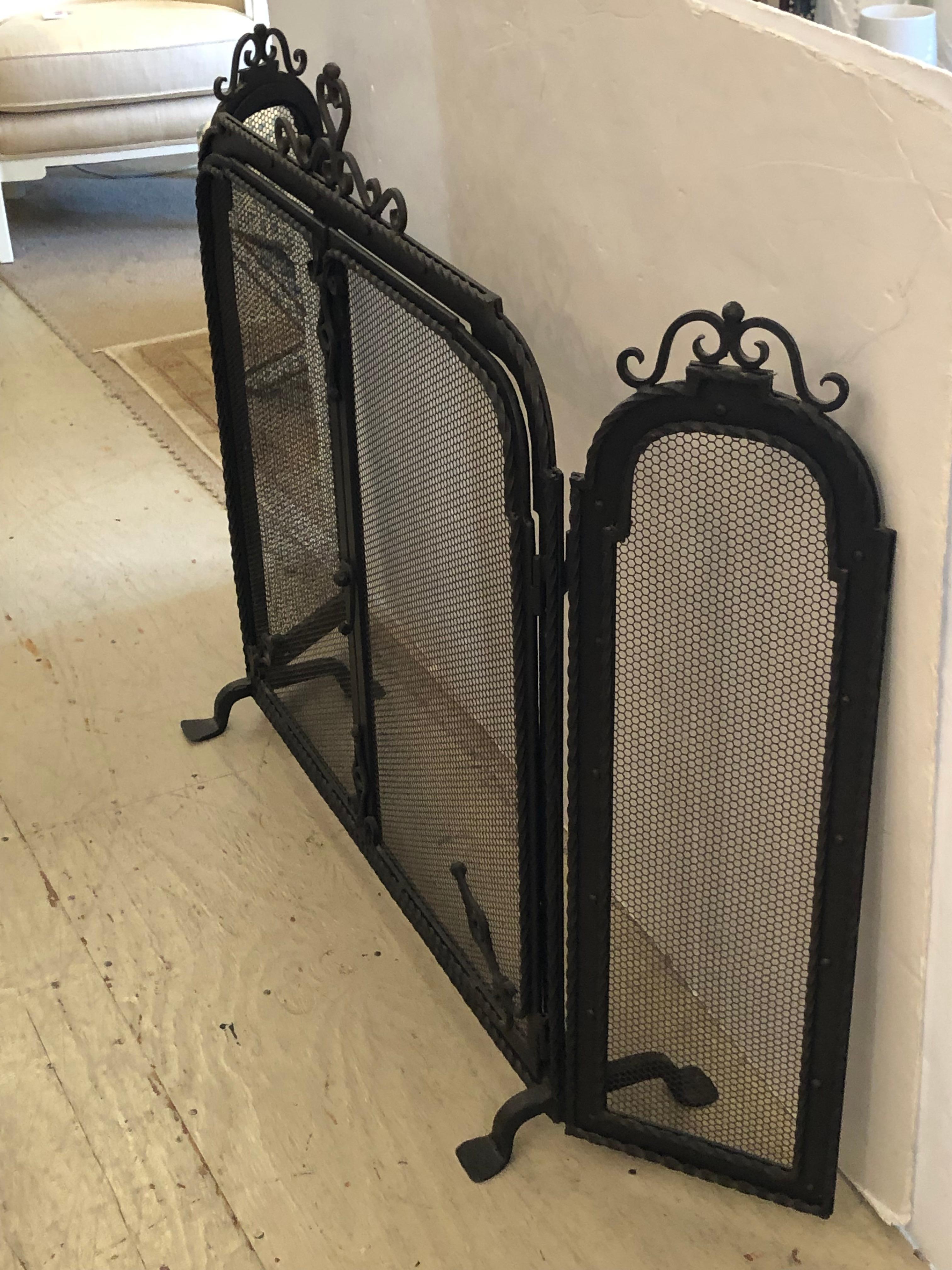 Mid-20th Century Spectacular 3 Piece Wrought Iron and Mesh Fireplace Screen with Doors For Sale
