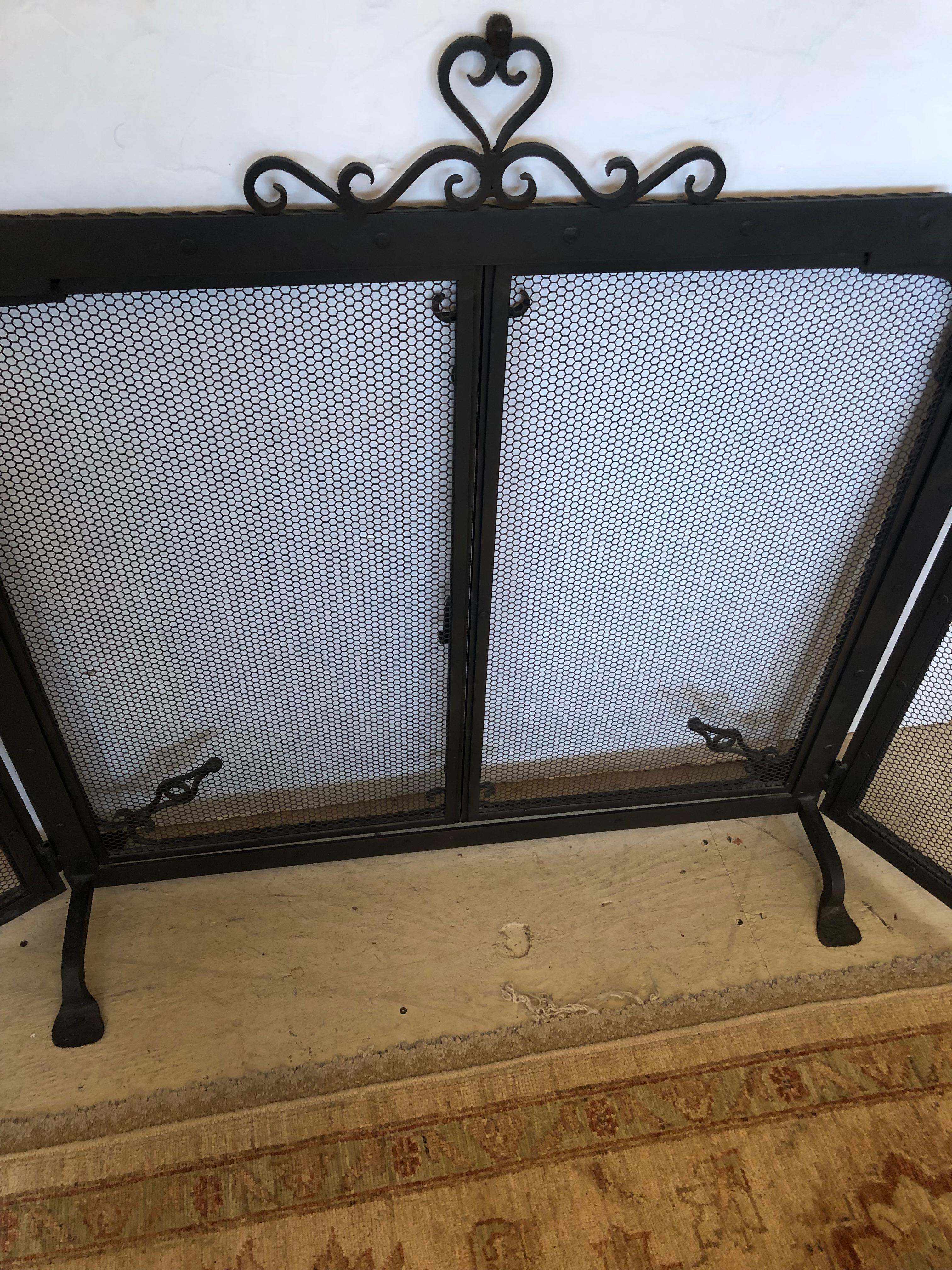 Metal Spectacular 3 Piece Wrought Iron and Mesh Fireplace Screen with Doors For Sale