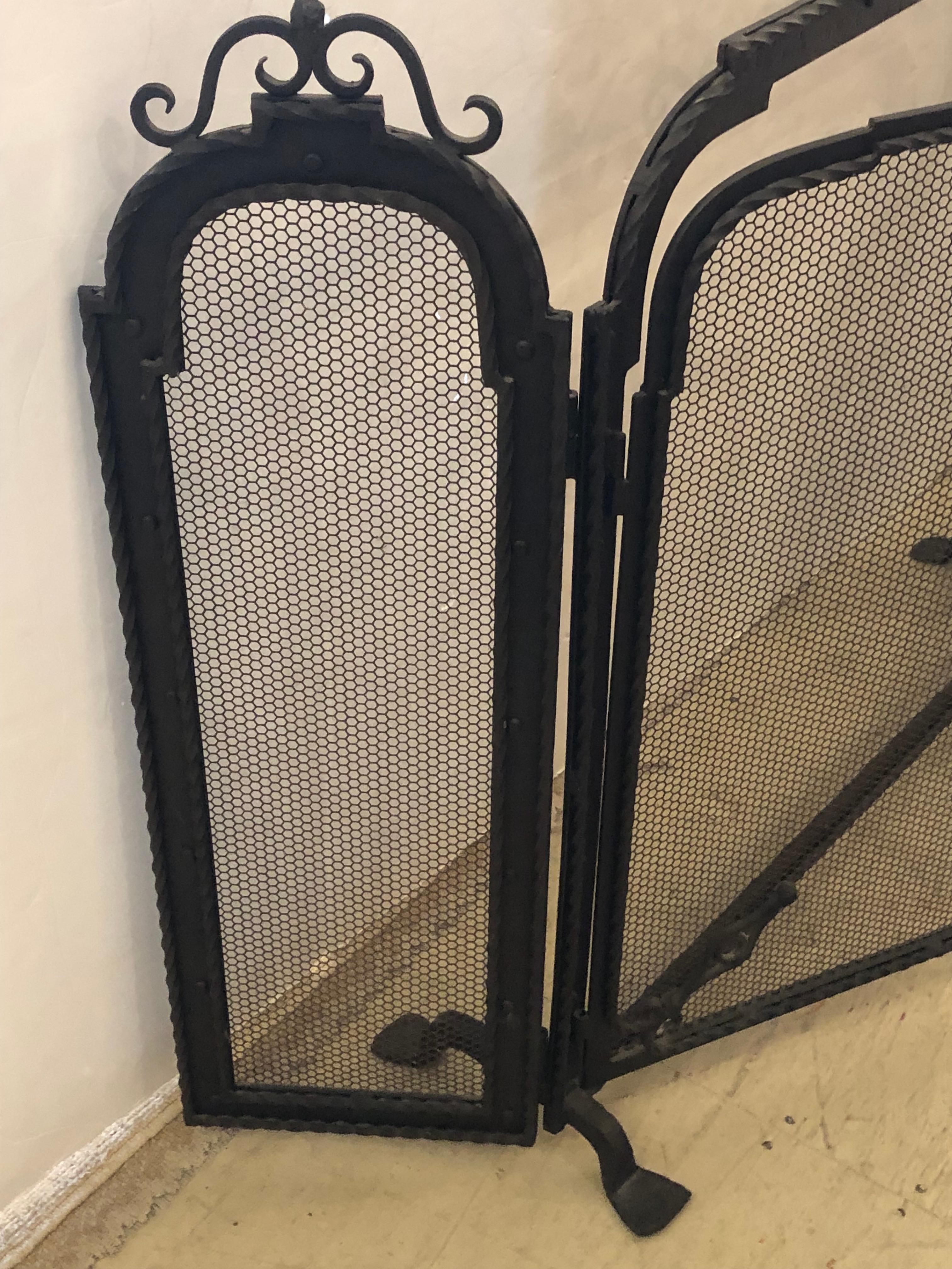 Spectacular 3 Piece Wrought Iron and Mesh Fireplace Screen with Doors For Sale 1