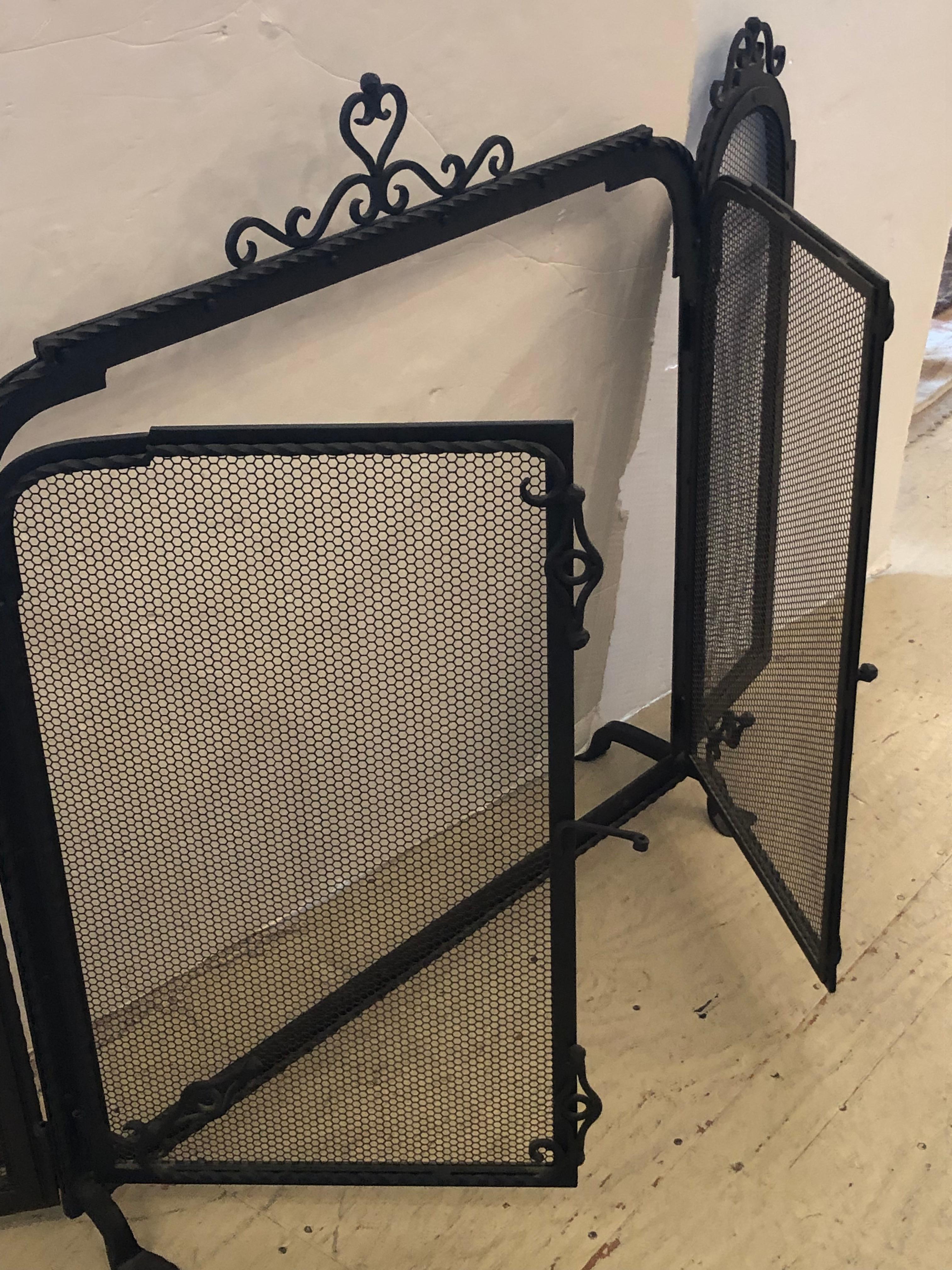 Spectacular 3 Piece Wrought Iron and Mesh Fireplace Screen with Doors For Sale 3