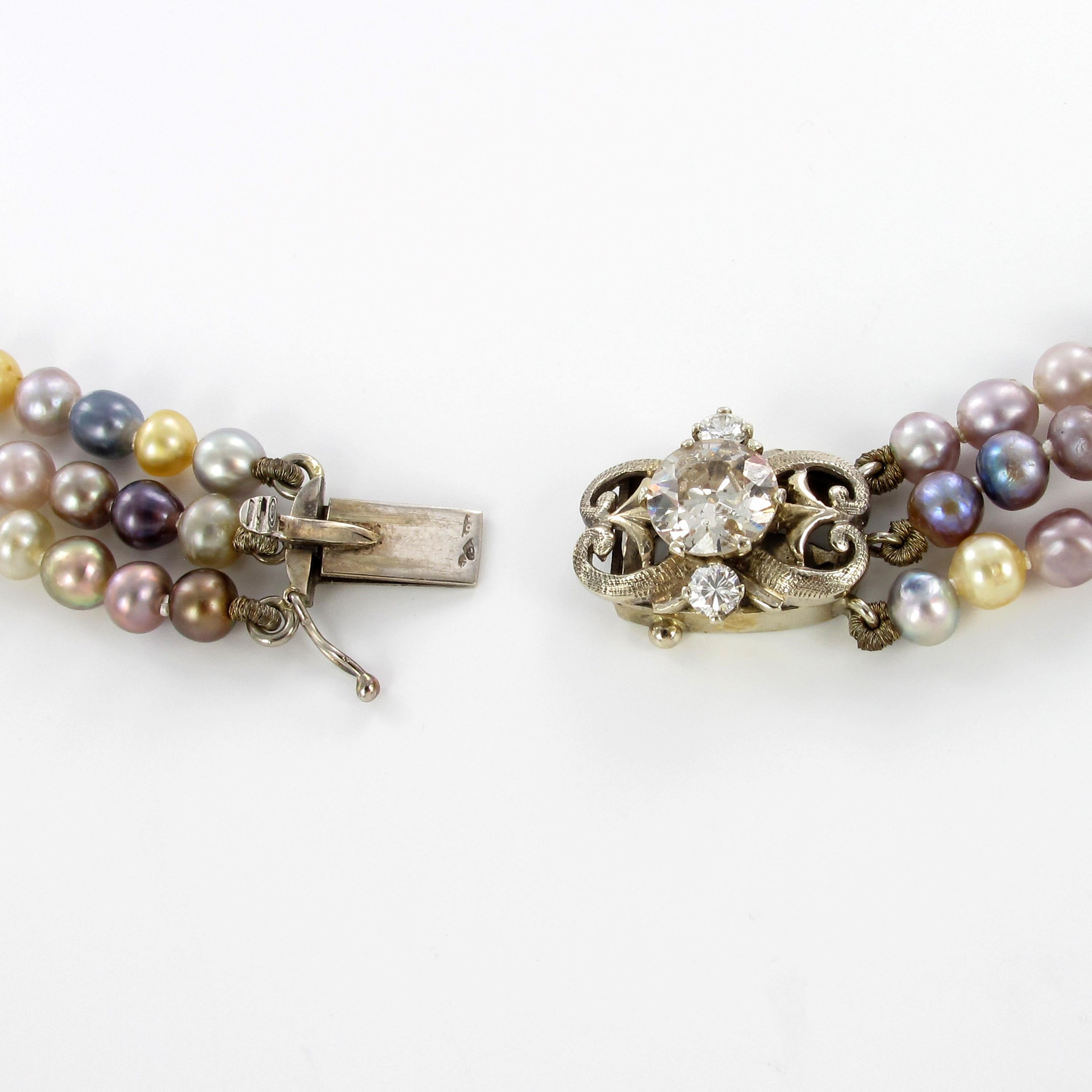 Spektakuläre 3-reihige mehrfarbige Perlen-Diamant-Halskette für Damen oder Herren im Angebot