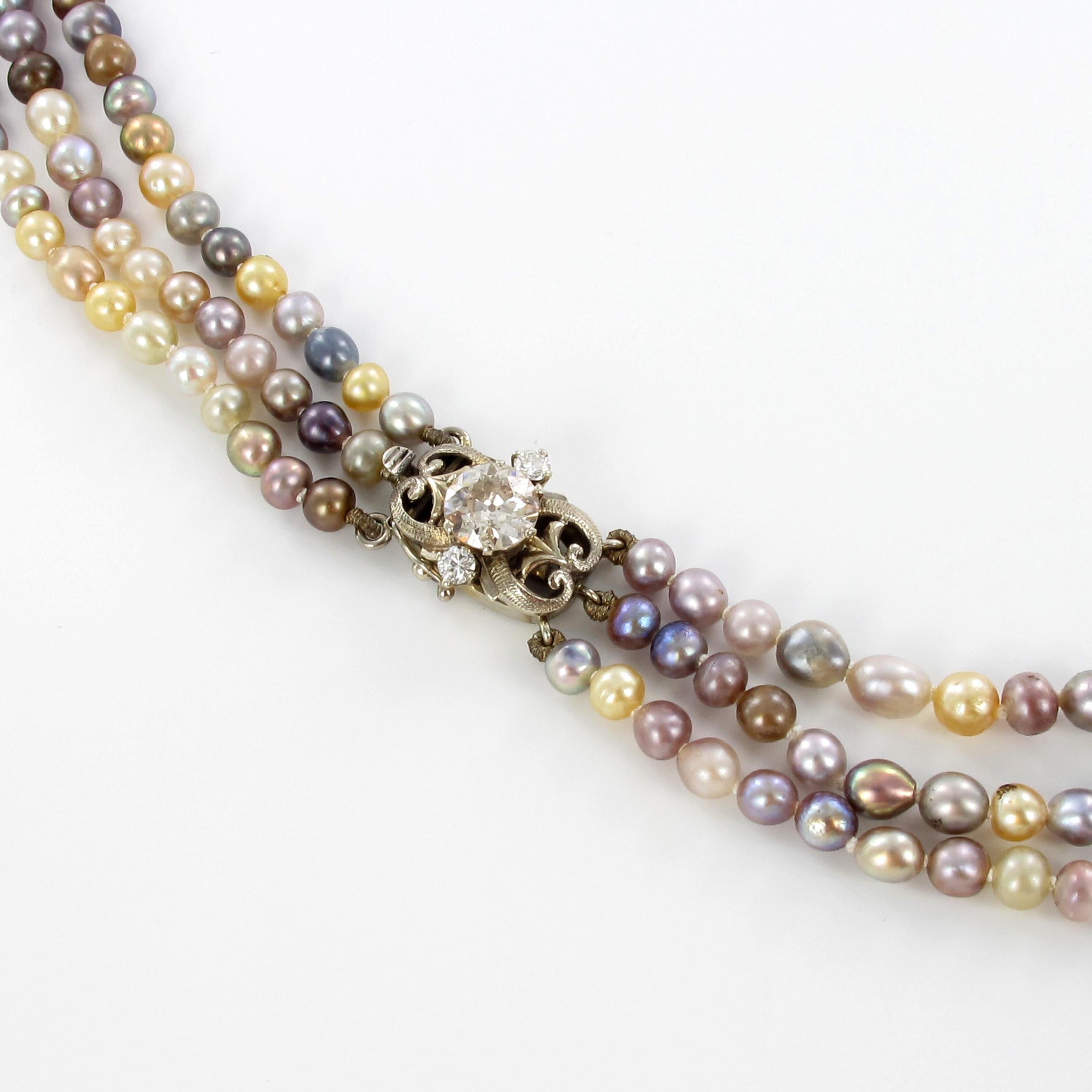 Old European Cut Spectacular 3-Strand Multicolored Natural Pearl Diamond Necklace For Sale