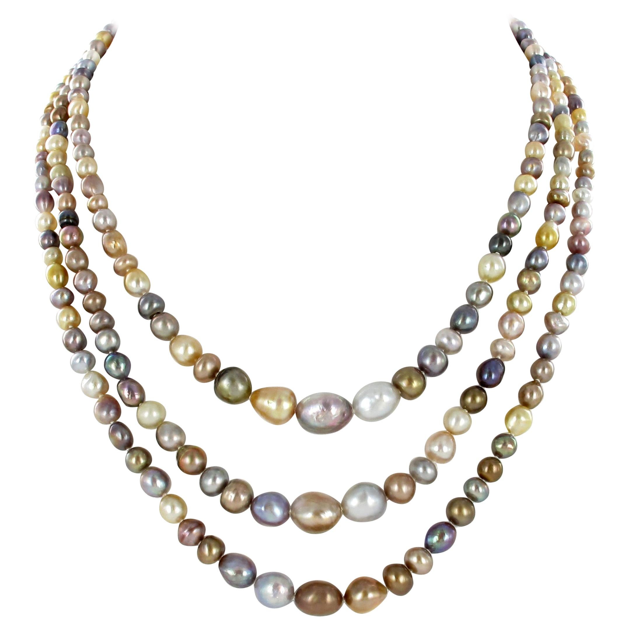 Spectacular 3-Strand Multicolored Natural Pearl Diamond Necklace For Sale