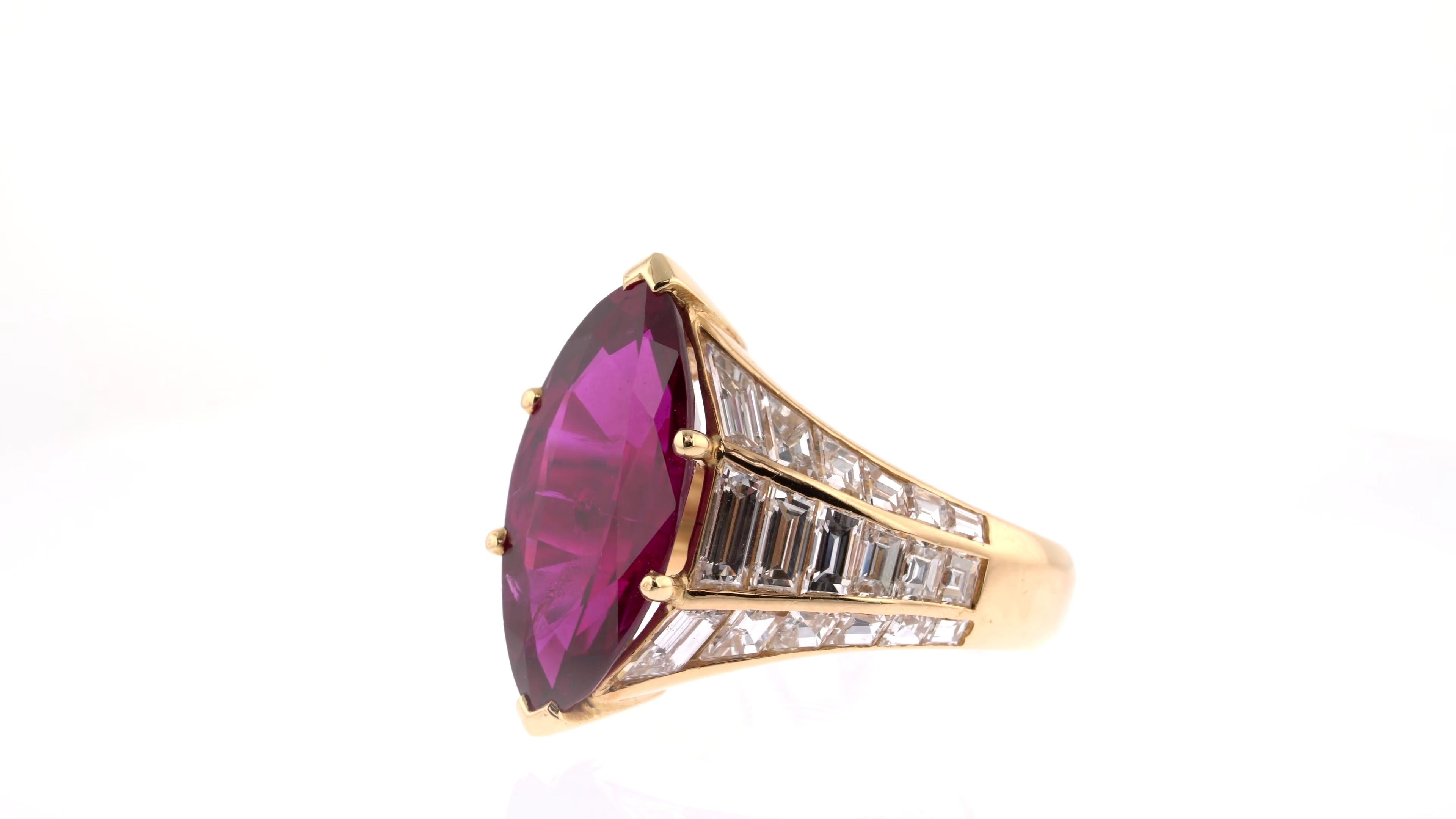 Marquise Cut Spectacular 6 Carats Ruby and Diamond Marquise Ring For Sale