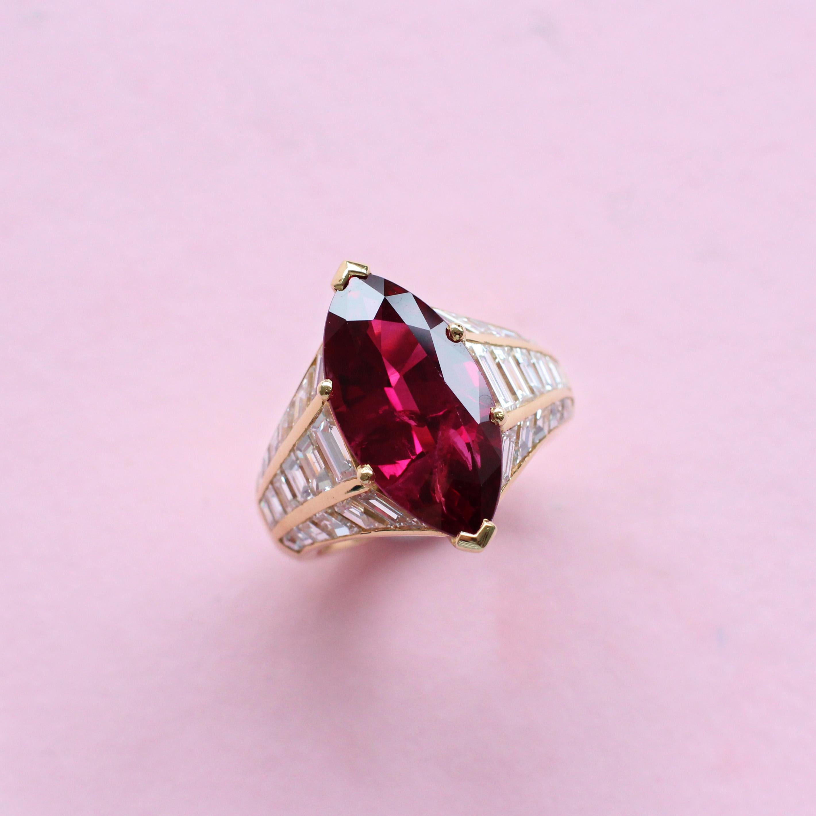 Retro Spectacular 6 Carats Ruby and Diamond Marquise Ring For Sale
