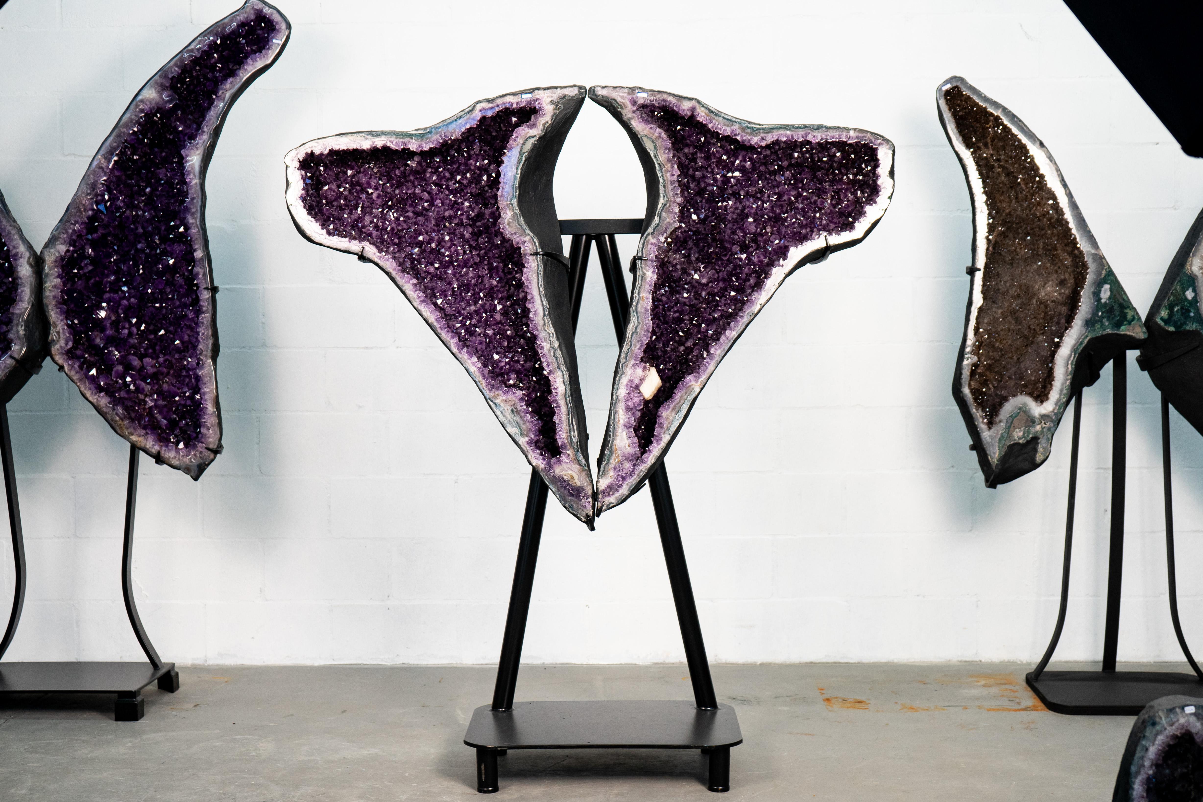 Un centrotavola straordinario per una collezione, una guarigione o un arredamento d'interni di alto livello.

▫️ Descrizione  
Con una presenza scultorea di grande effetto, questa coppia di ali di geode di ametista mostra scintillanti cristalli di