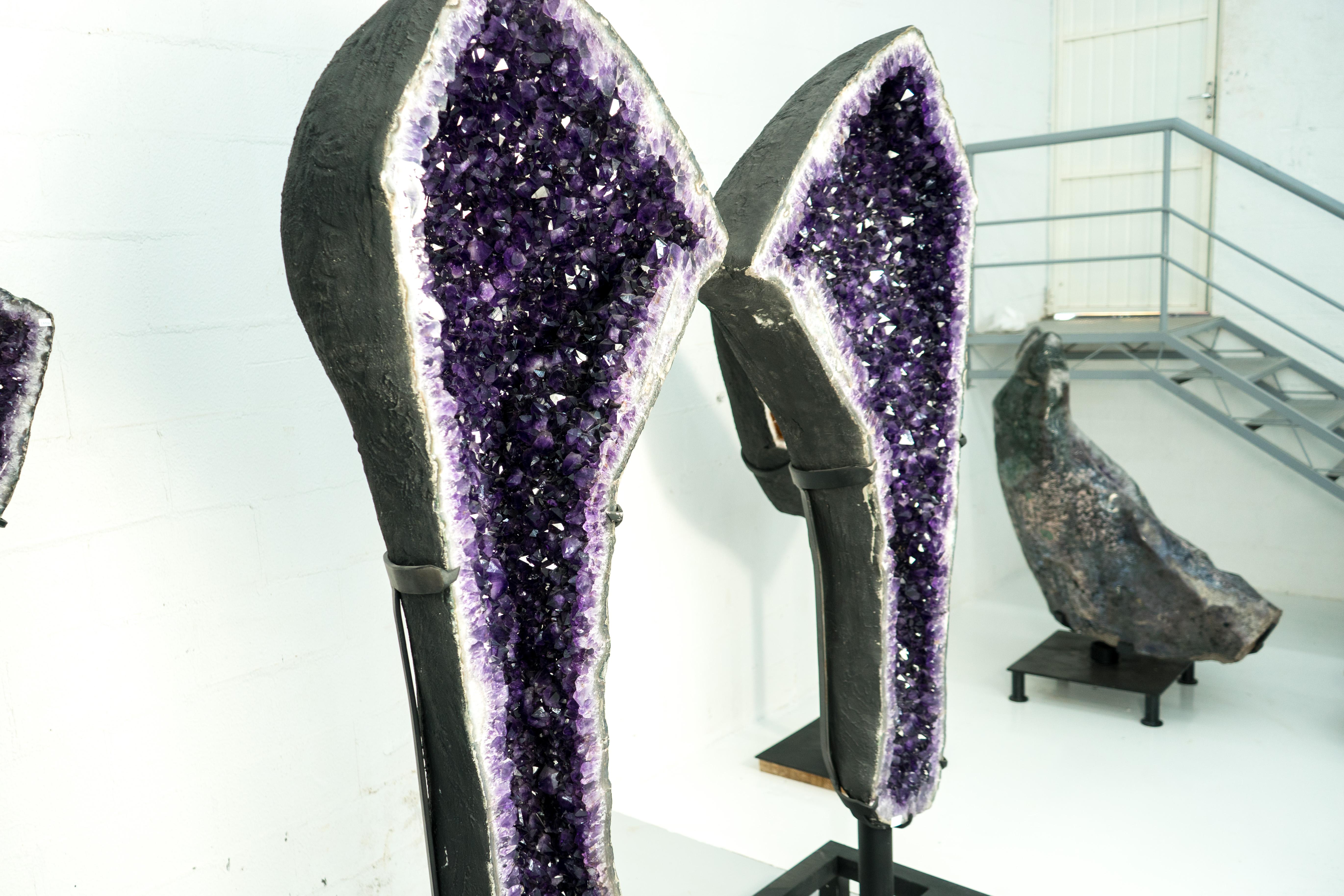 Contemporary Spectacular 6.9 Ft Tall Pair of Giant Amethyst Geodes AAA Dark Purple Amethyst For Sale