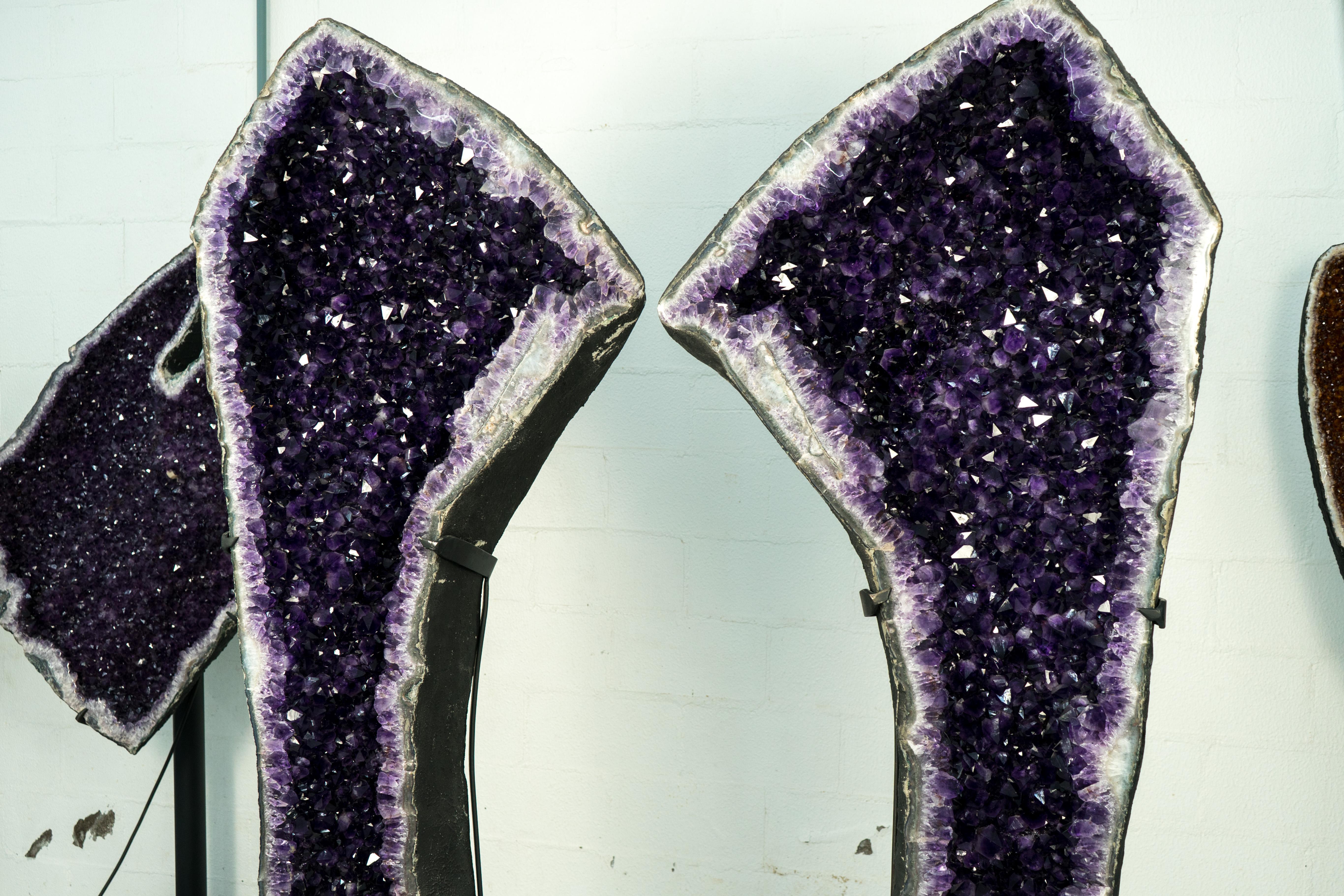 Spectacular 6.9 Ft Tall Pair of Giant Amethyst Geodes AAA Dark Purple Amethyst For Sale 1