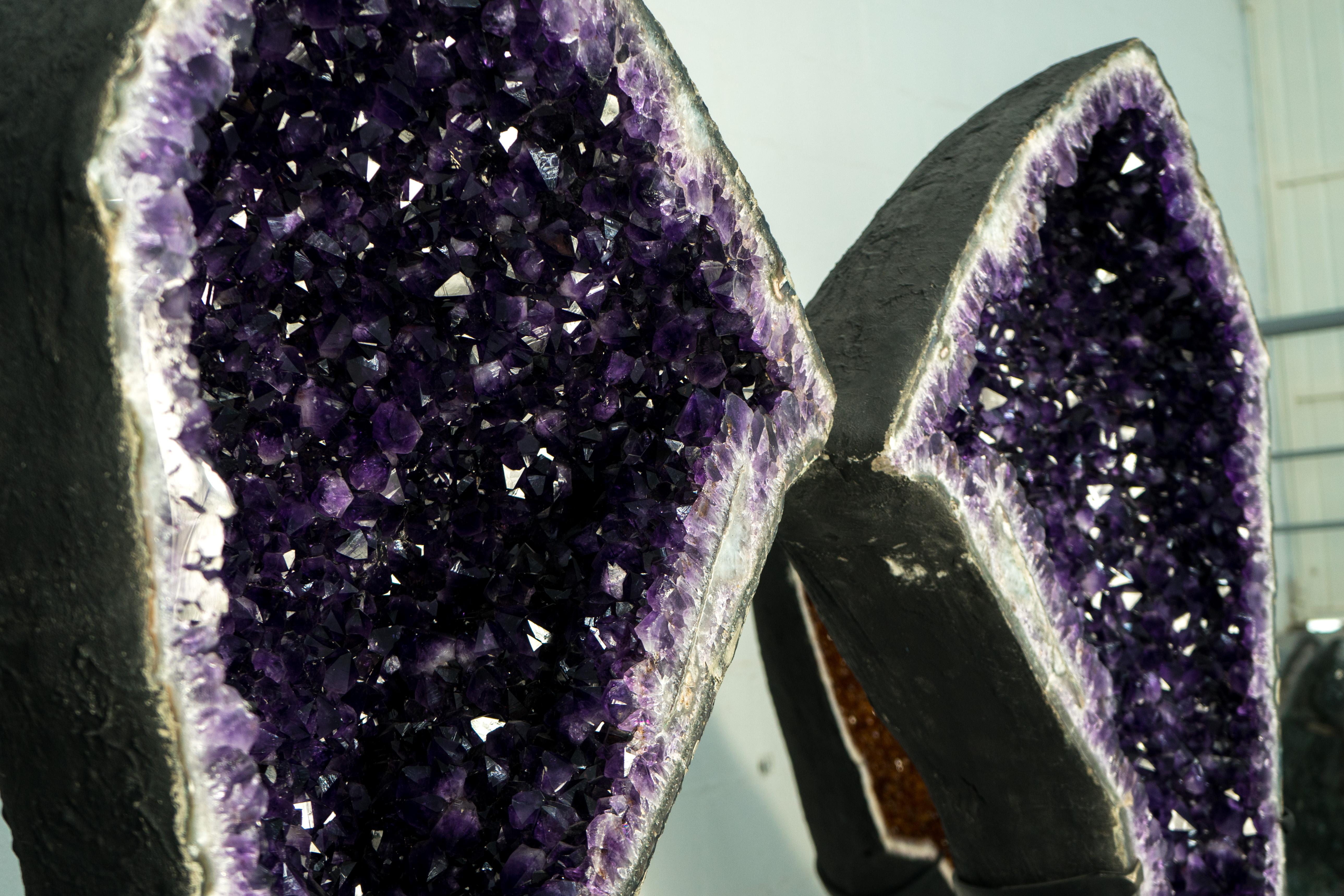 Spectacular 6.9 Ft Tall Pair of Giant Amethyst Geodes AAA Dark Purple Amethyst For Sale 2