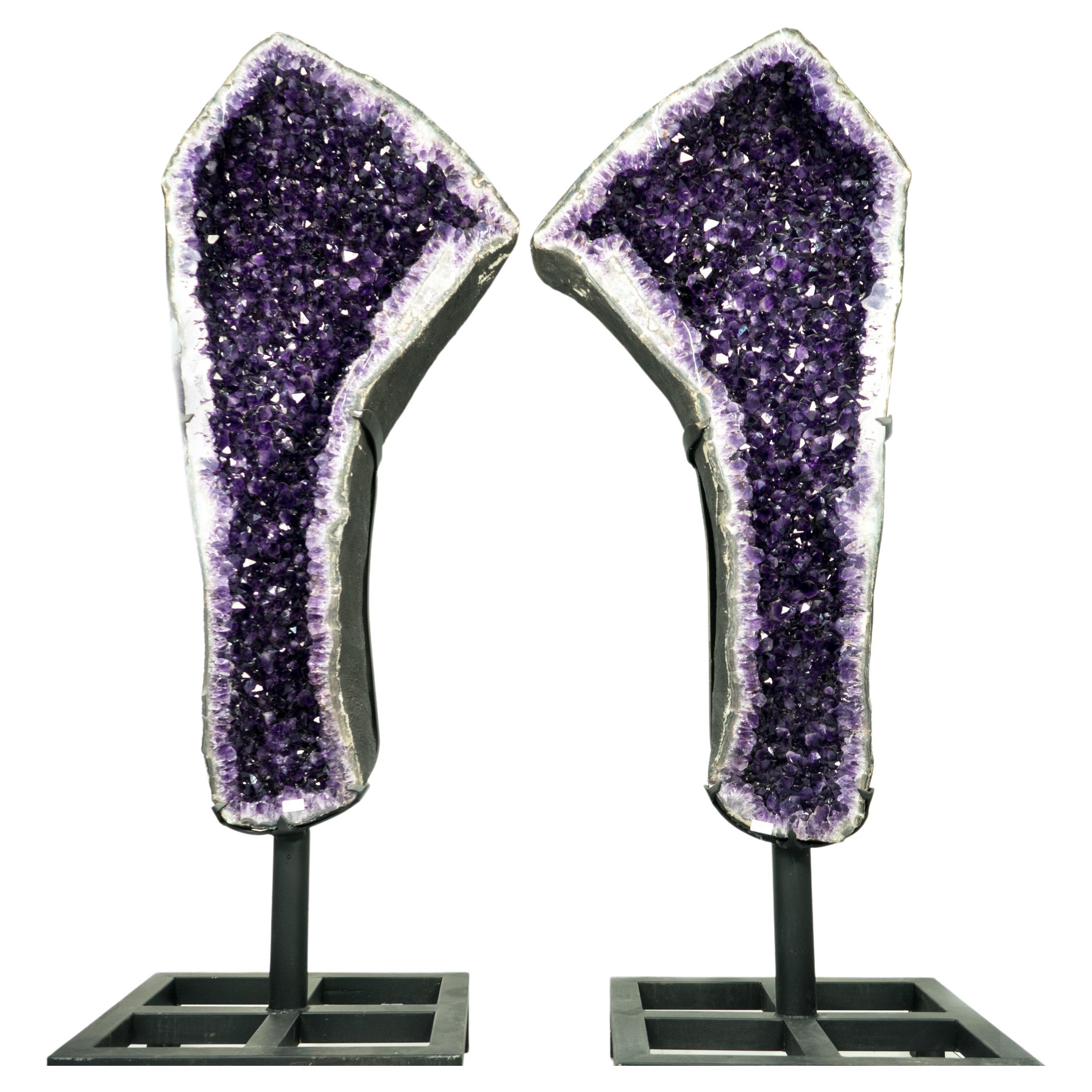 Spectacular 6.9 Ft Tall Pair of Giant Amethyst Geodes AAA Dark Purple Amethyst For Sale
