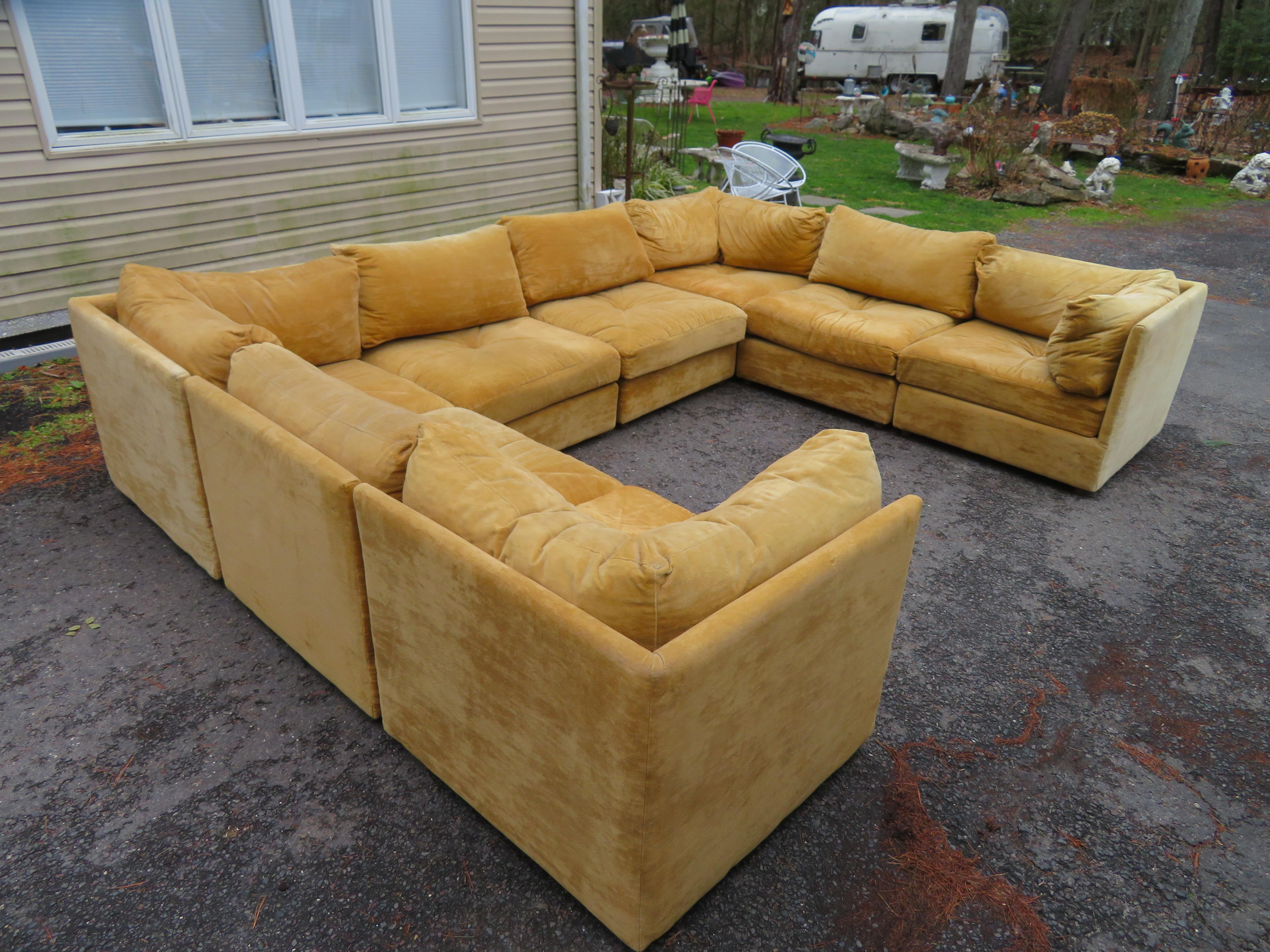 Spectacular 8-piece Milo Baughman style cube sectional sofa. We love this super clean tan velvet sectional in remarkable original condition-shows only minor signs of age. During the mid-century many furniture companies such as Thayer Coggin and