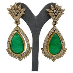 Spectacular 94 Carat Emerald and Diamond Dangly Earrings, Circa 1960s, Italy