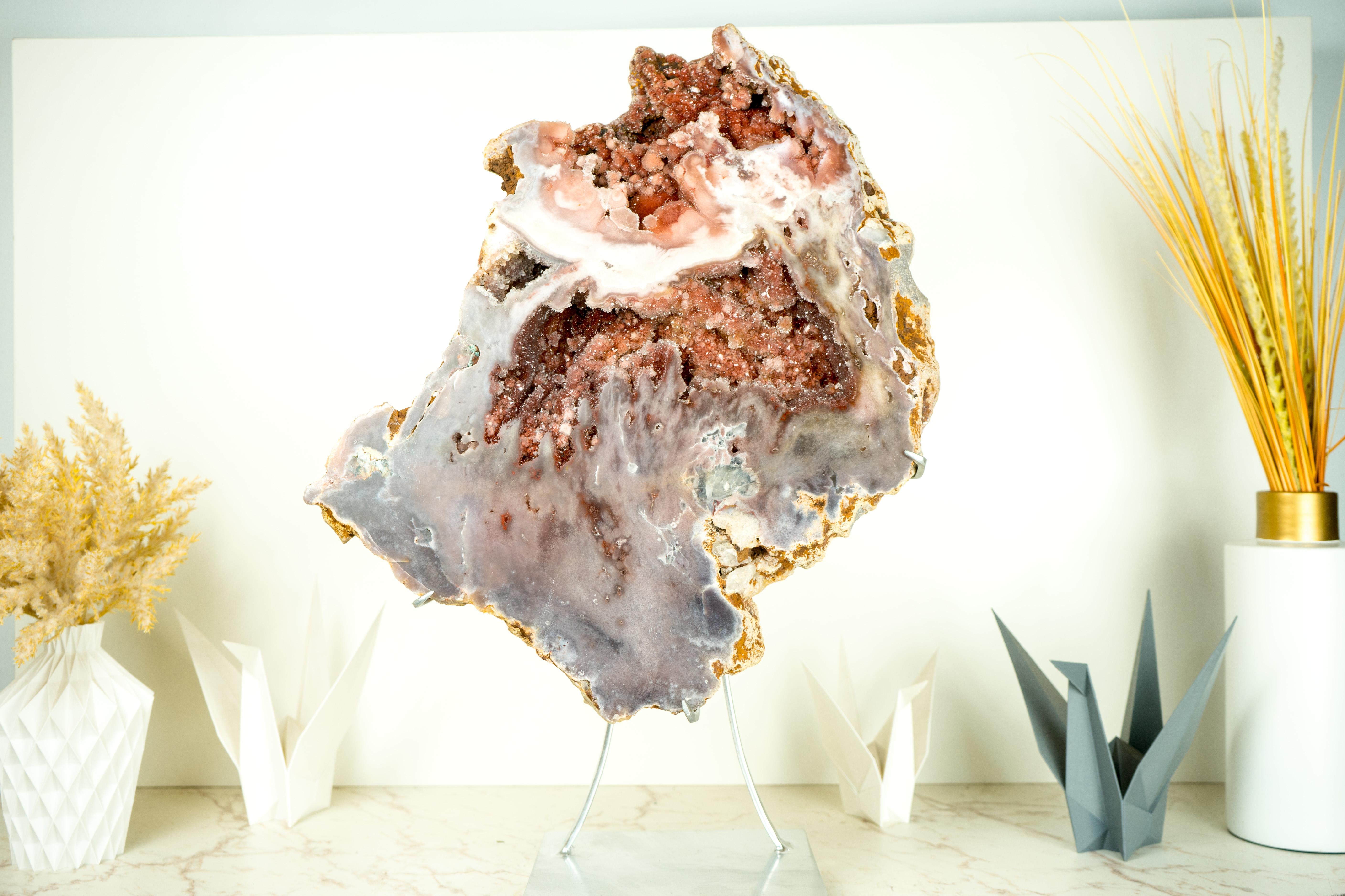 Spectacular AAA Pink Amethyst Geode with Pink and Red Sugar-Druzy Flowers For Sale 4
