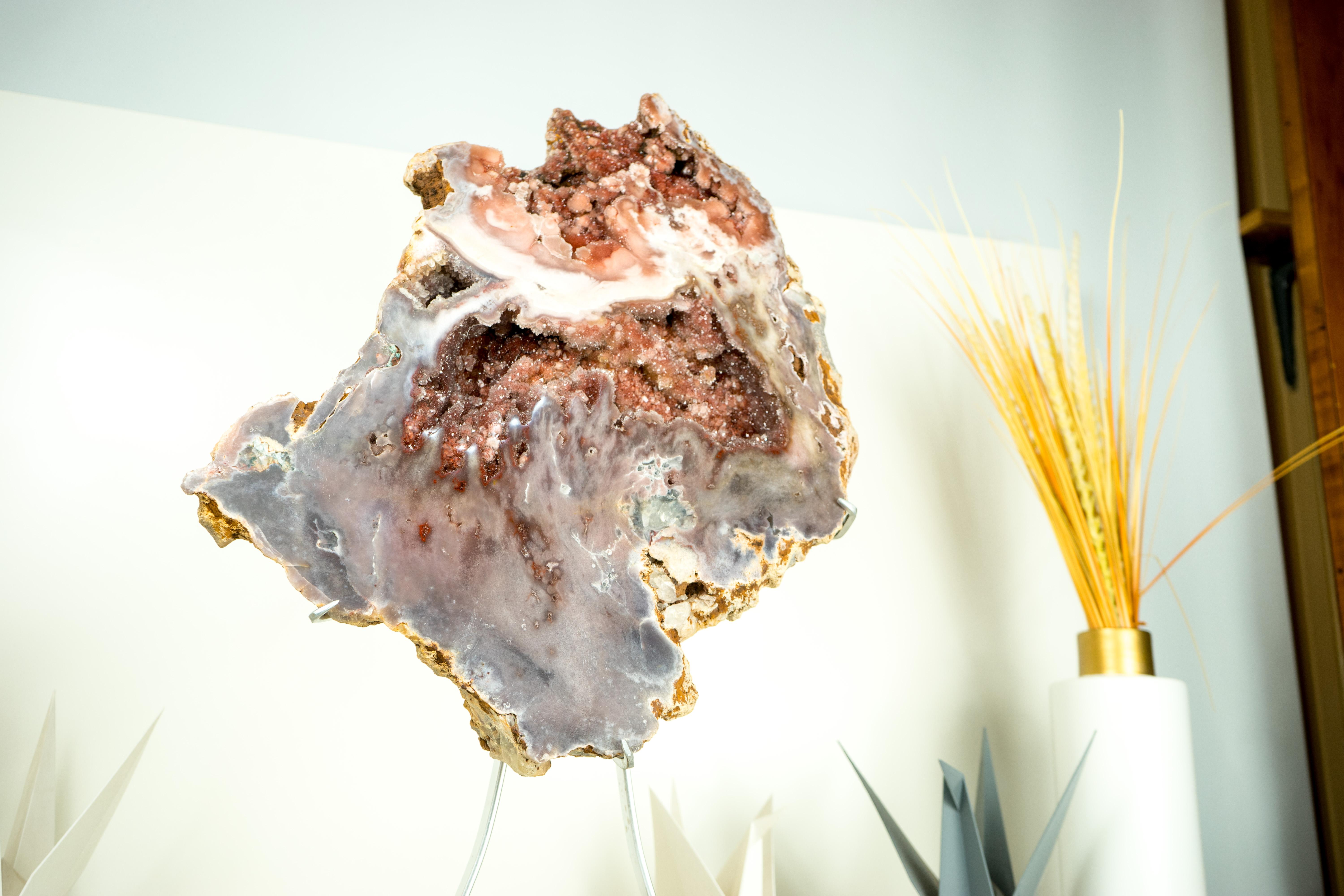 Contemporary Spectacular AAA Pink Amethyst Geode with Pink and Red Sugar-Druzy Flowers For Sale