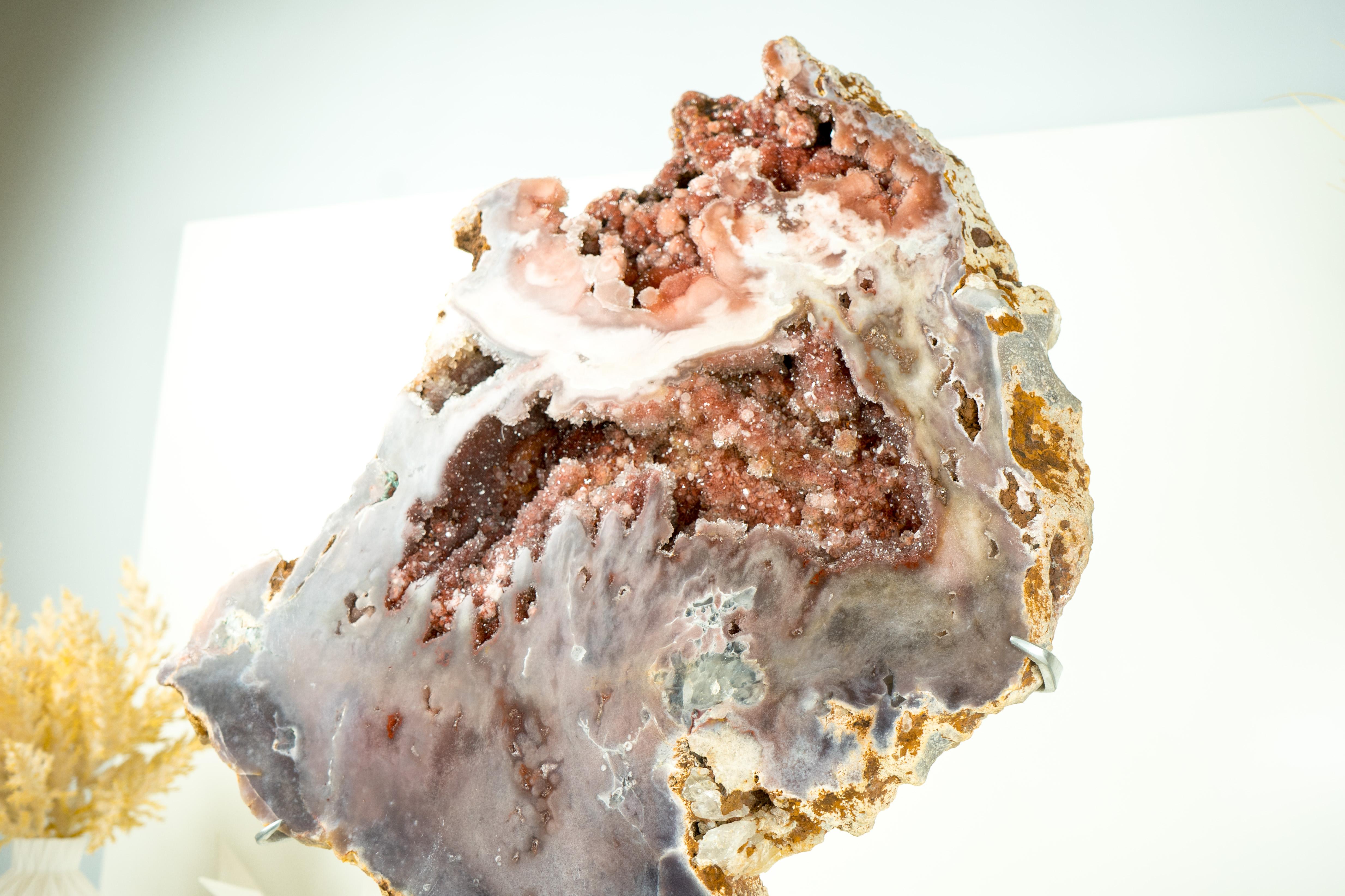 Spectacular AAA Pink Amethyst Geode with Pink and Red Sugar-Druzy Flowers For Sale 1