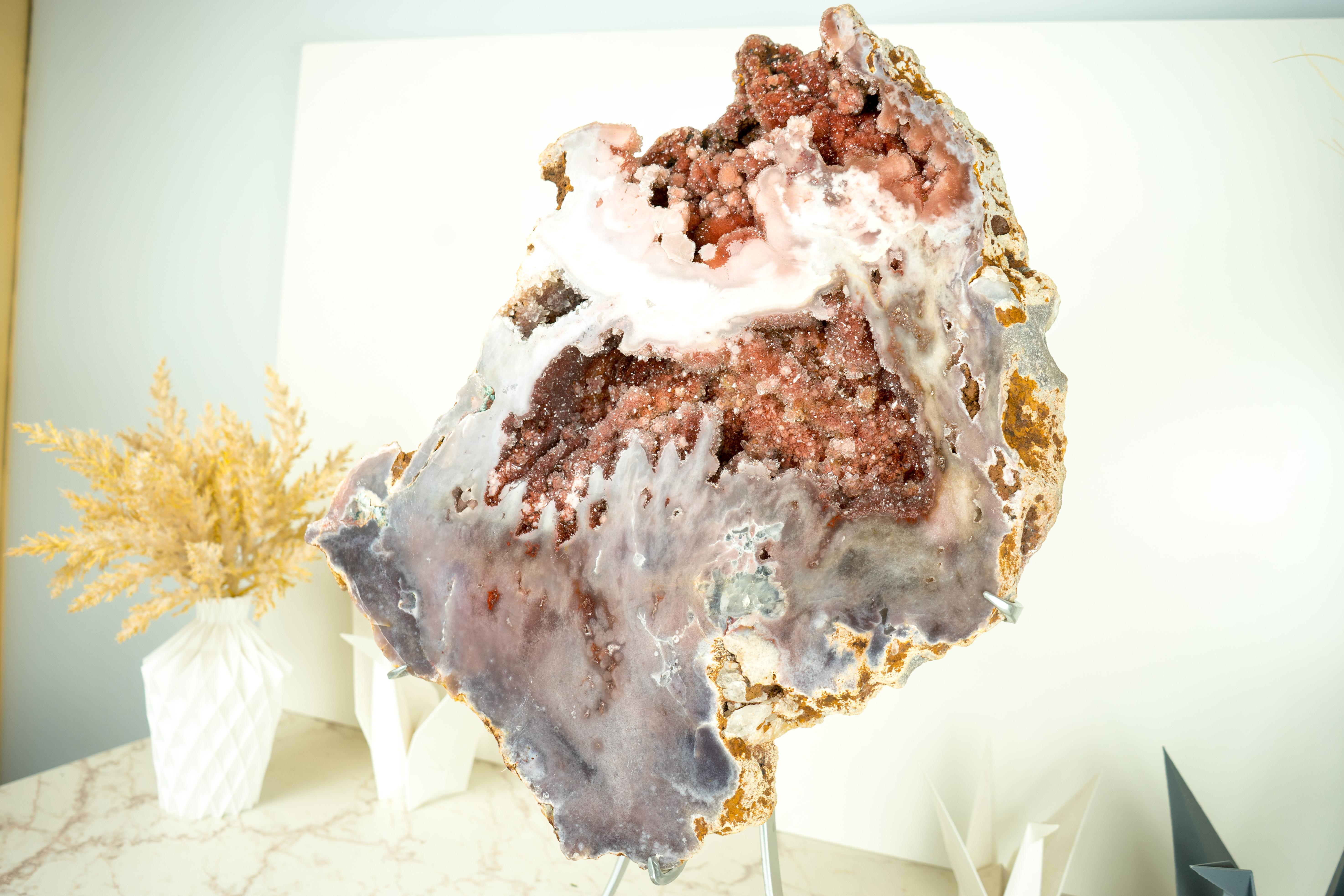 Spectacular AAA Pink Amethyst Geode with Pink and Red Sugar-Druzy Flowers For Sale 2