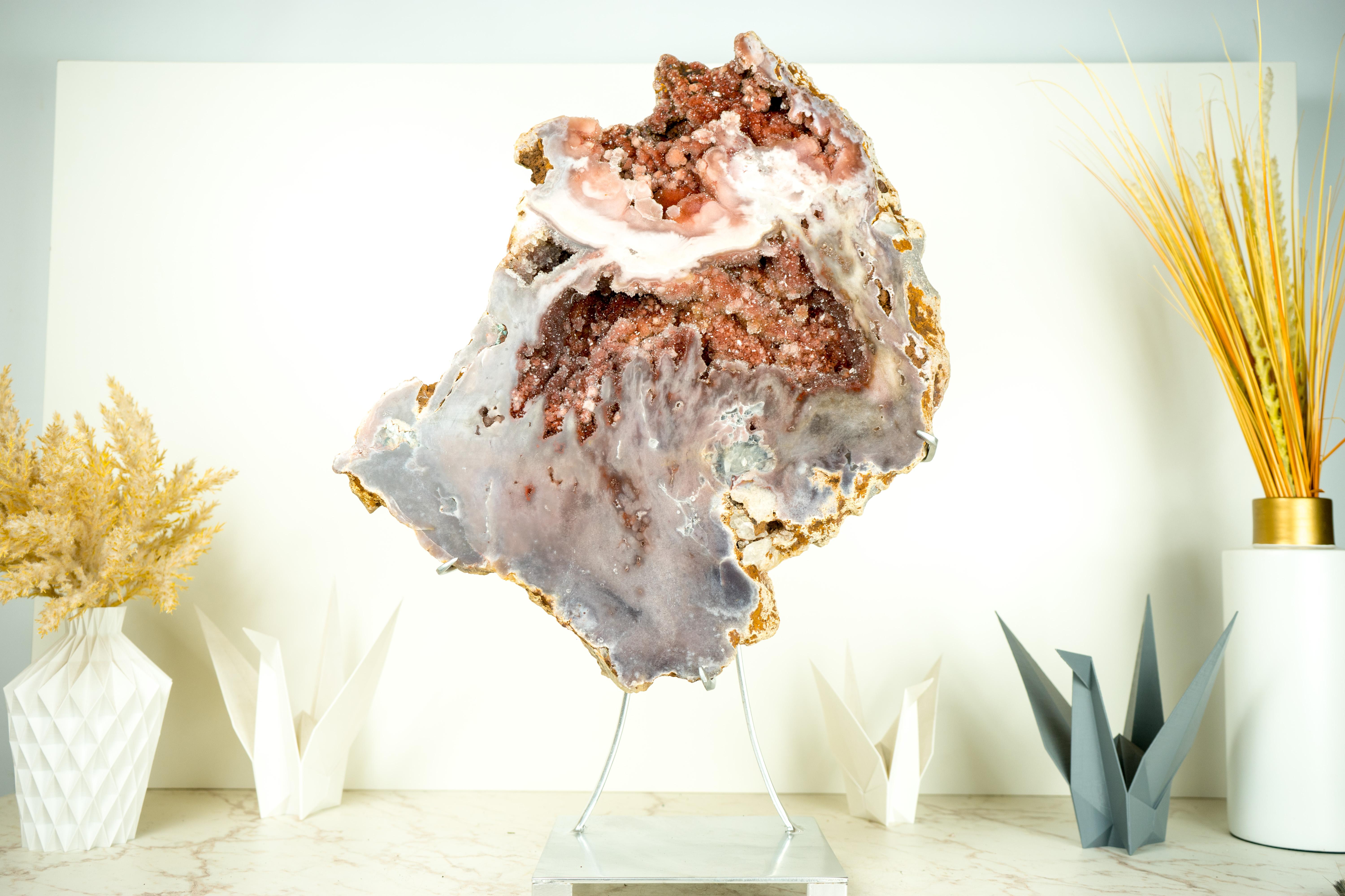 Spectacular AAA Pink Amethyst Geode with Pink and Red Sugar-Druzy Flowers For Sale 3