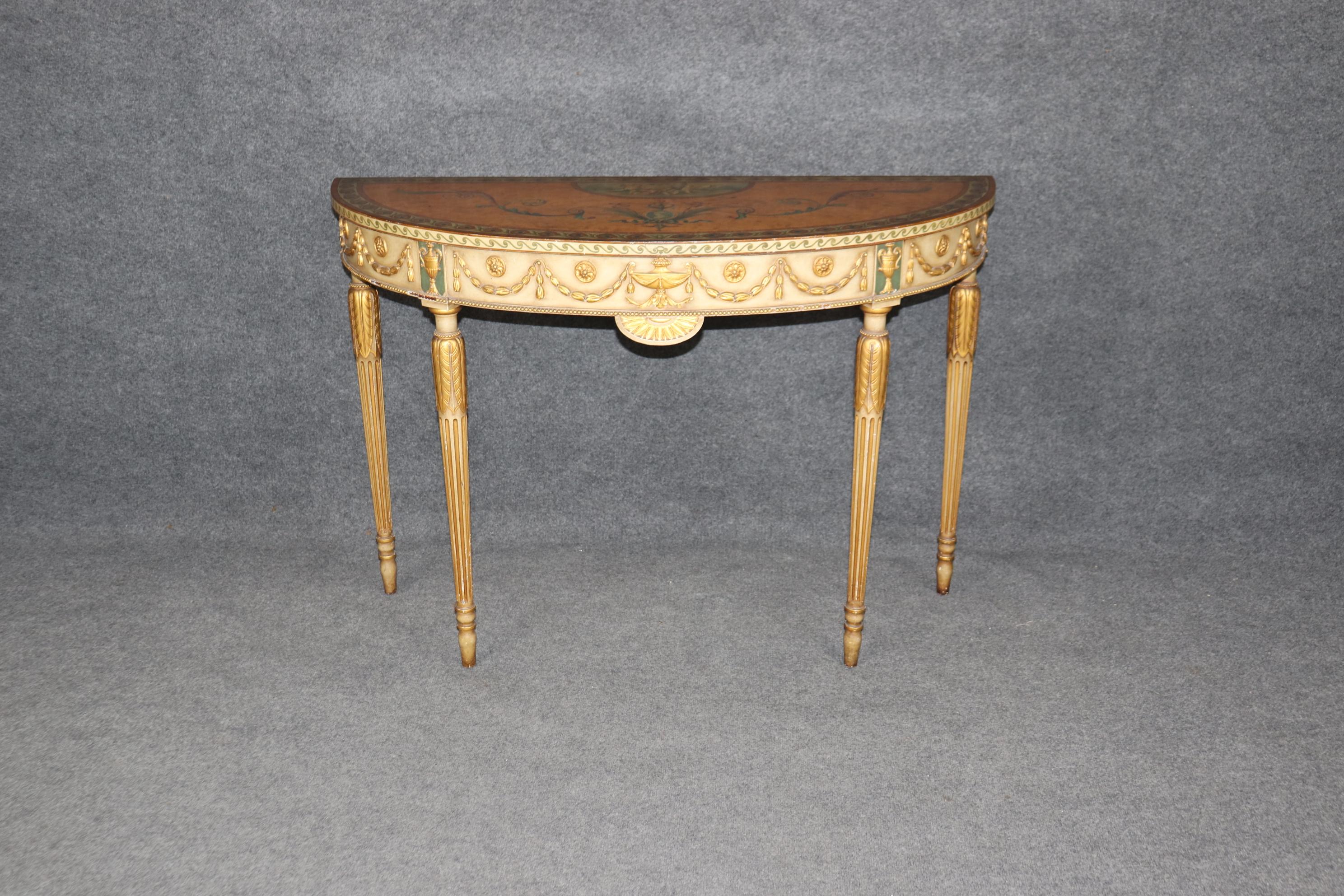 Spectacular Adams Paint Decorated Demilune Console Table with Puttis Cherubs In Good Condition For Sale In Swedesboro, NJ