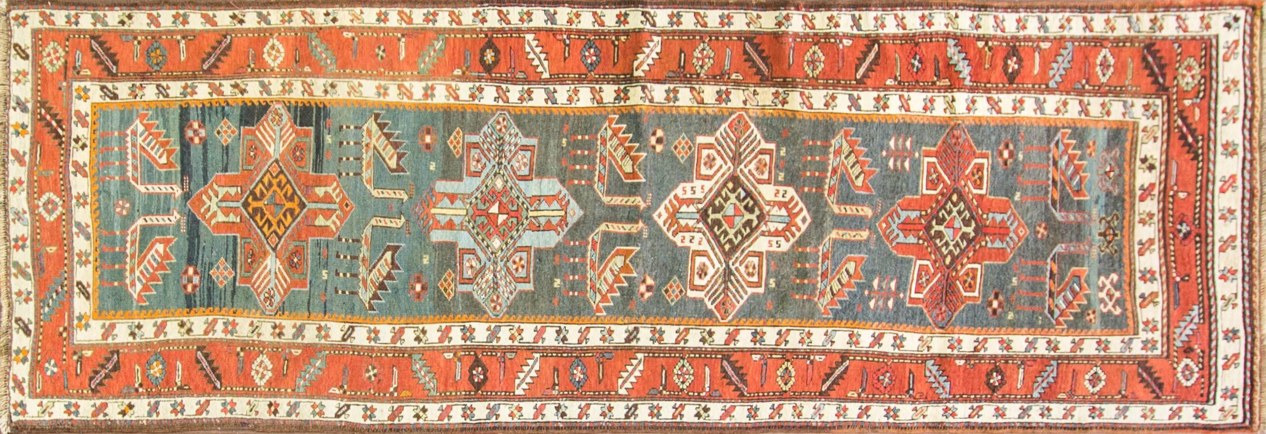 From Shirvan group of rugs but geographically within Kazak area.
Designed with birds of happiness.
This rug has traditional large birds on the field.
 The medallions are typical ‘Akstafa' large, squarish eight-pointed with the traditional cruciform