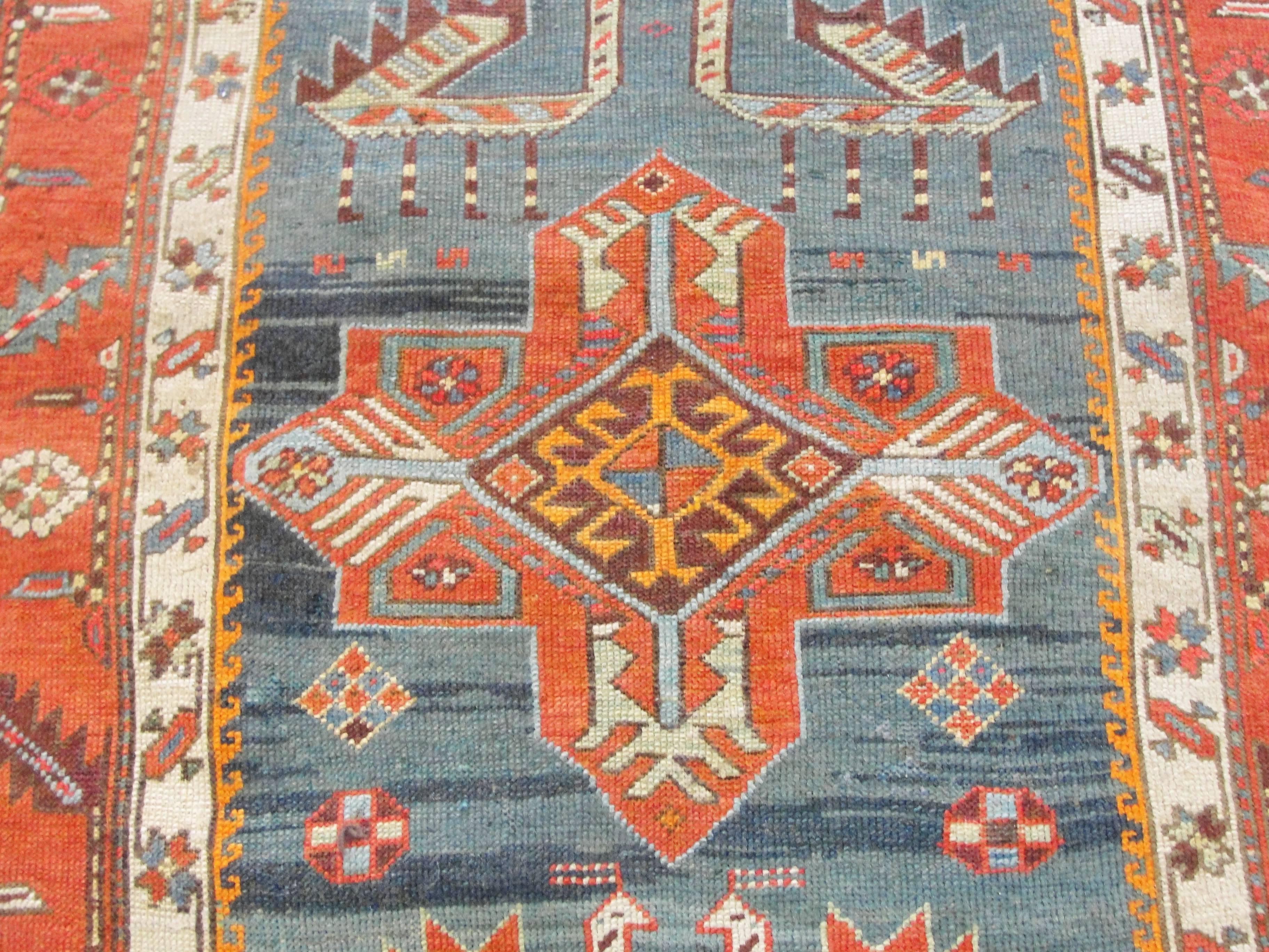 Noué à la main Tapis de couloir caucasien ancien Akstafa/ Kazak, 3'6