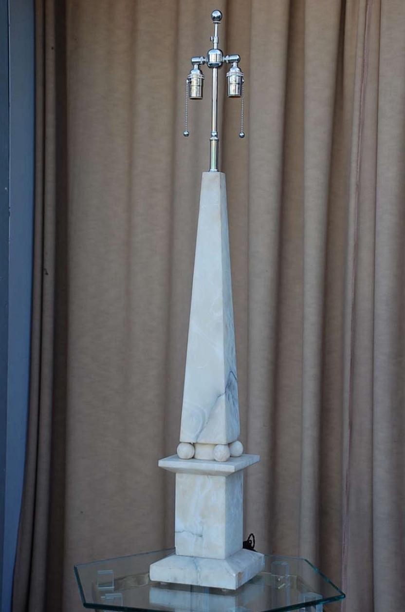 Spectacular alabaster obelisk lamp. Very tall. Heavy.