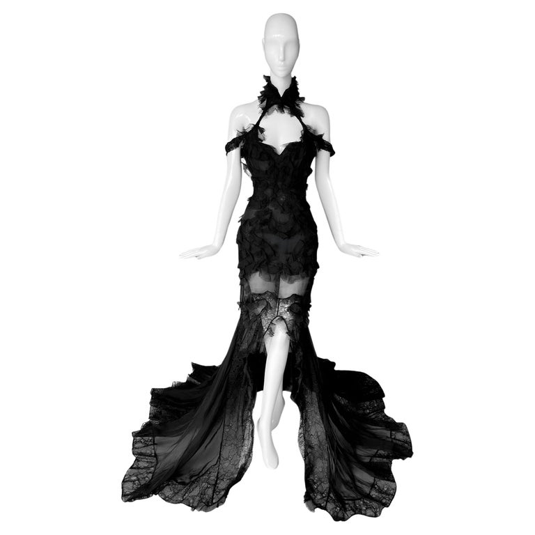 Spectacular Alexander McQueen Runway Gown Black Silk Lace Dress at