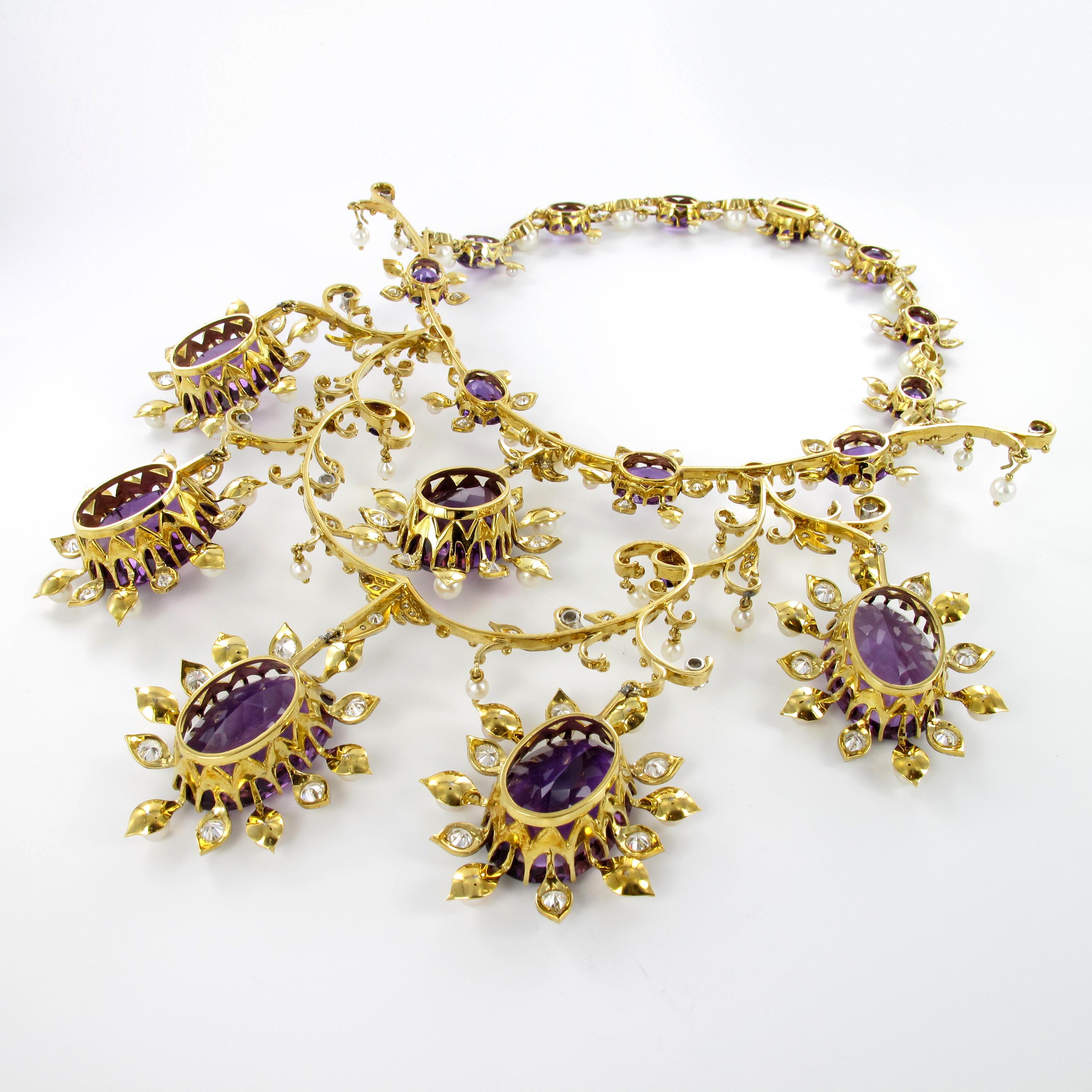 Spectacular Amethyst, Diamond and Pearl Suite in Yellow and White Gold For Sale 7