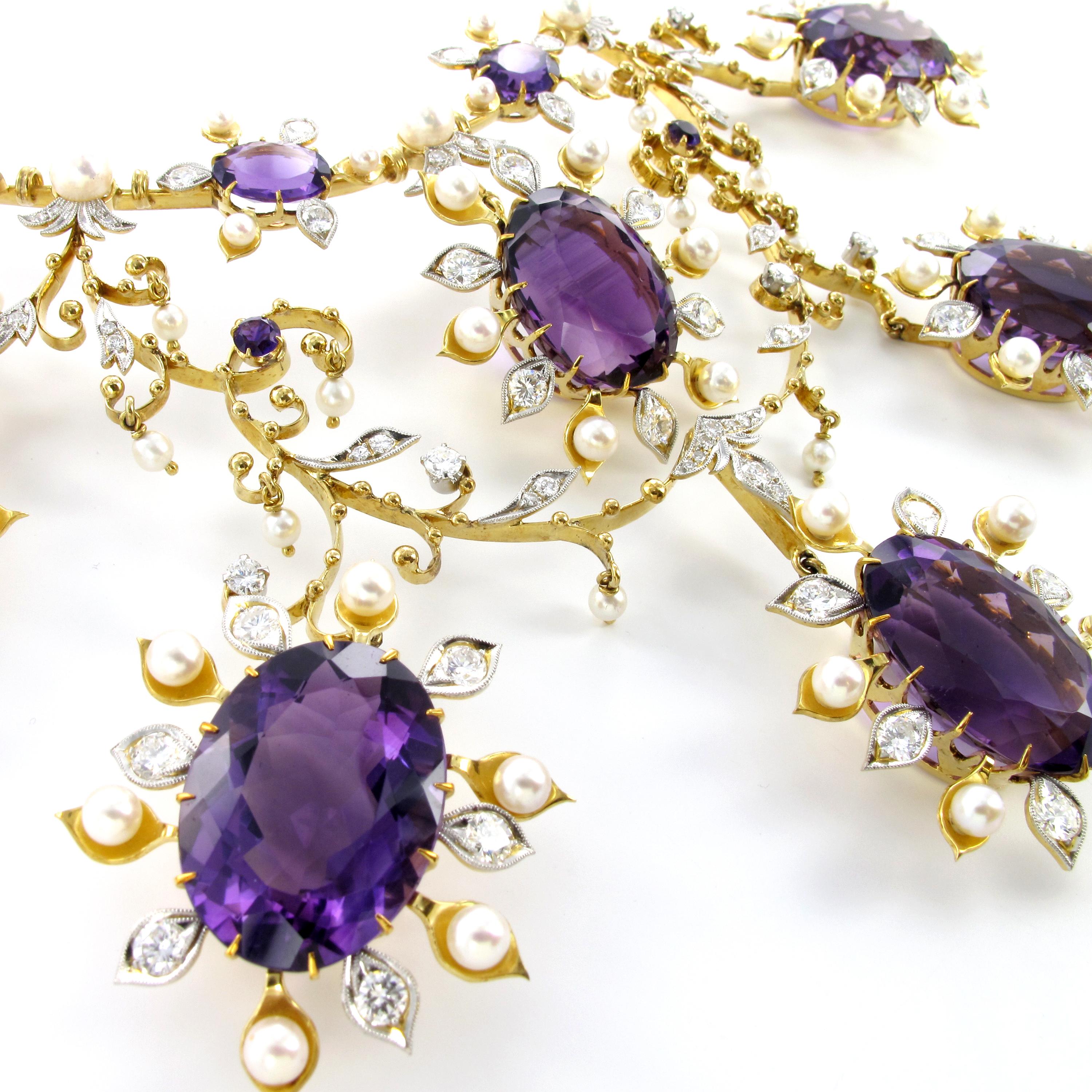 Contemporary Spectacular Amethyst, Diamond and Pearl Suite in Yellow and White Gold For Sale