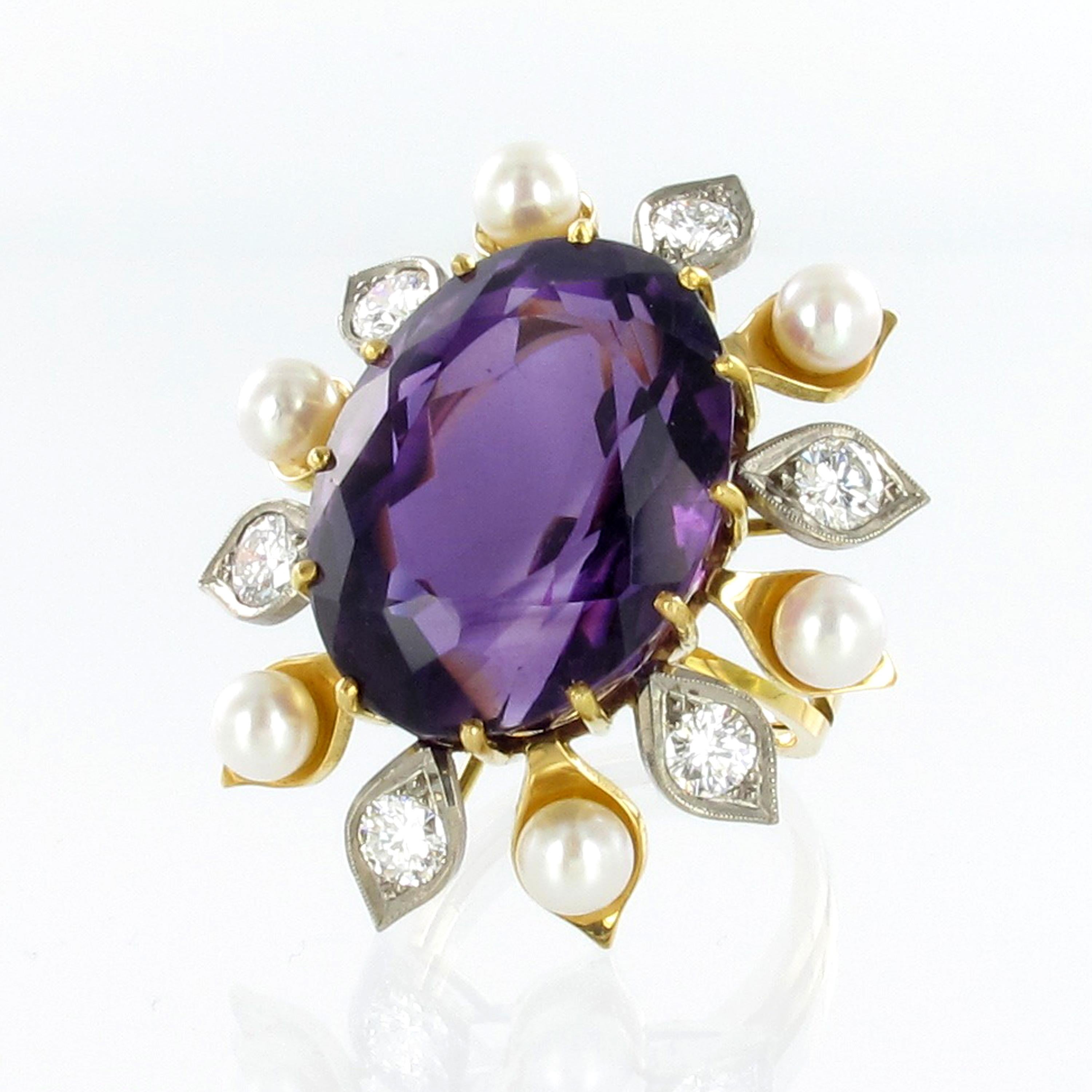 Oval Cut Spectacular Amethyst, Diamond and Pearl Suite in Yellow and White Gold For Sale