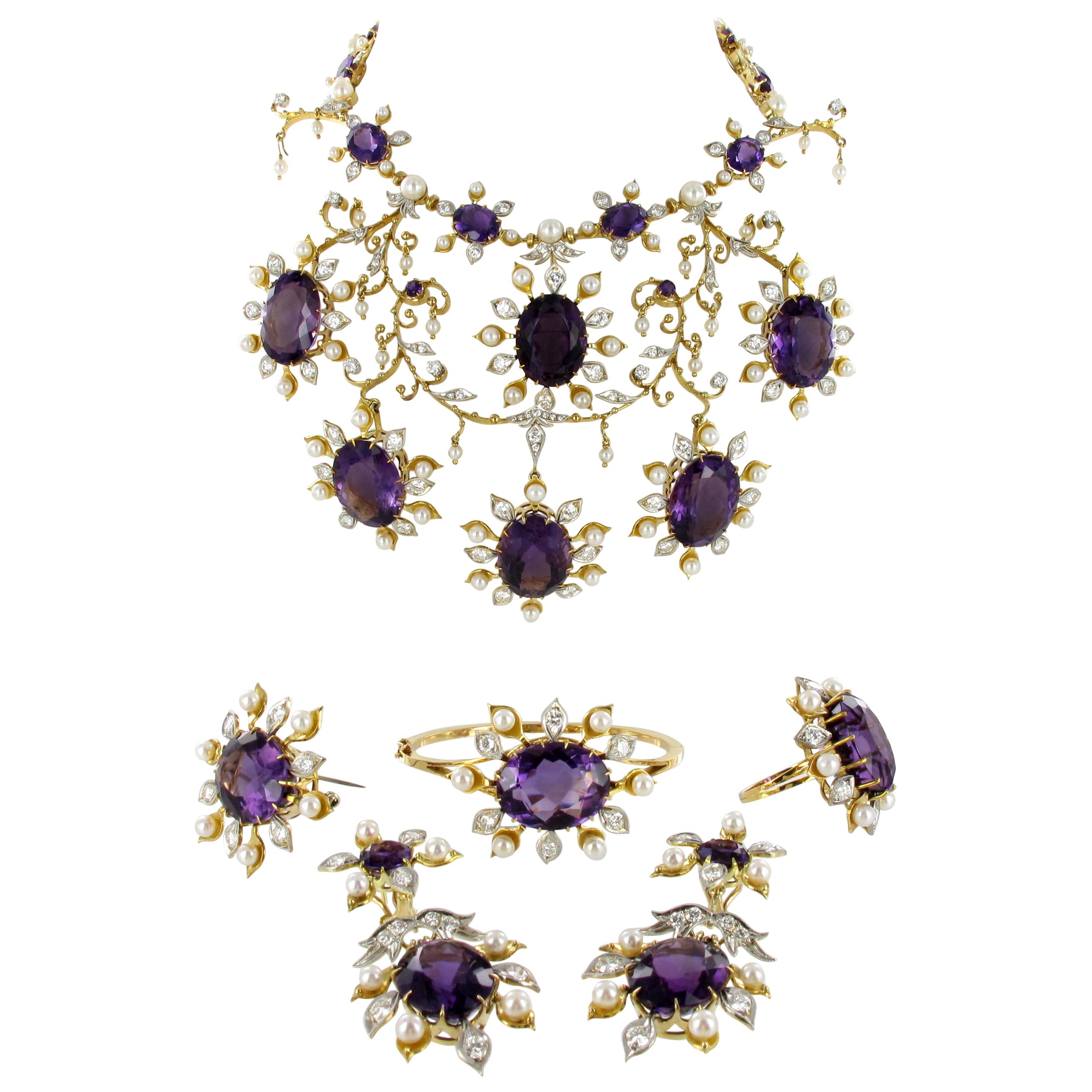 Spectacular Amethyst, Diamond and Pearl Suite in Yellow and White Gold For Sale