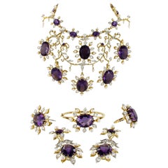 Vintage Spectacular Amethyst, Diamond and Pearl Suite in Yellow and White Gold