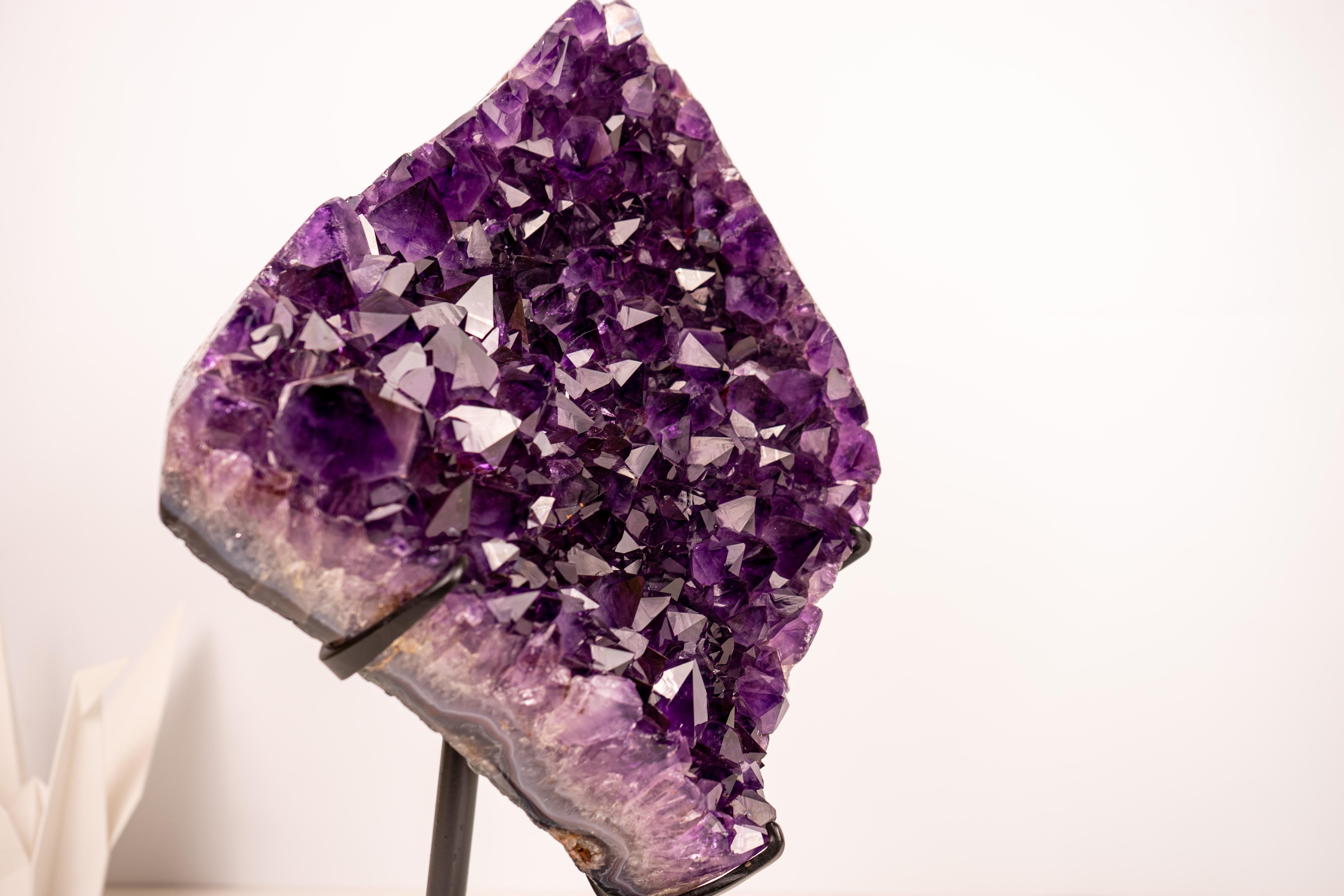 Grande géode d'améthyste AAA de classe mondiale sur pied avec des bordures d'agate polie et de druzy violet foncé extra-large.

▫️ Description

Cet amas d'améthyste de qualité AAA provenant d'Ametista do Sul est exceptionnellement esthétique et